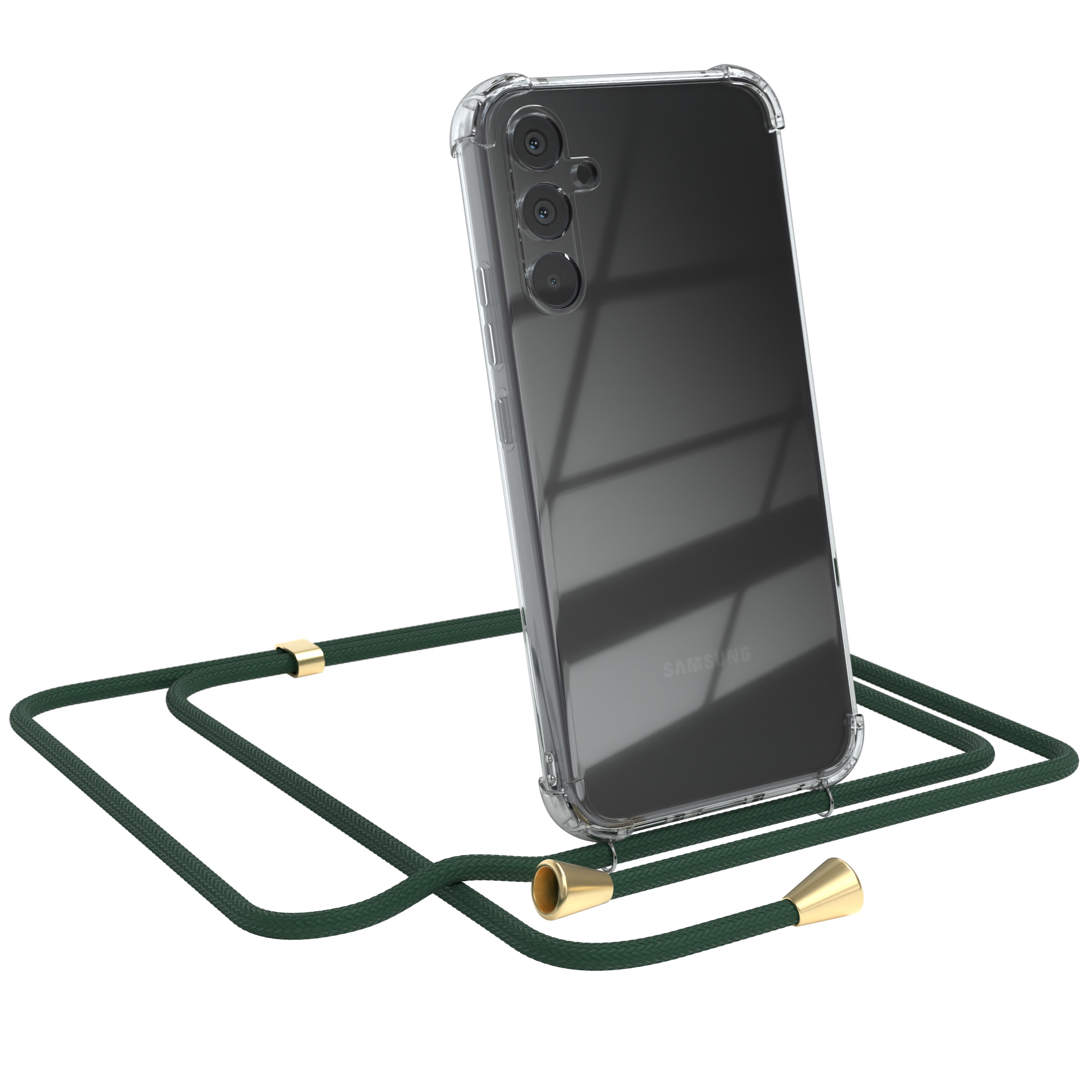 Ein Smartphone in einer transparenten Hülle mit grünem Umhängeband, vor weißem Hintergrund.