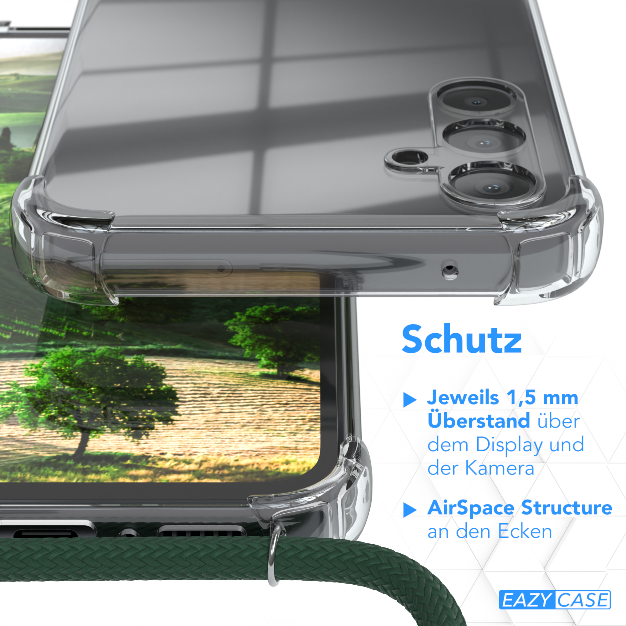 EAZY CASE Clear Cover Grün Umhängetasche, Gold A34, Umhängeband, / Clips Galaxy mit Samsung
