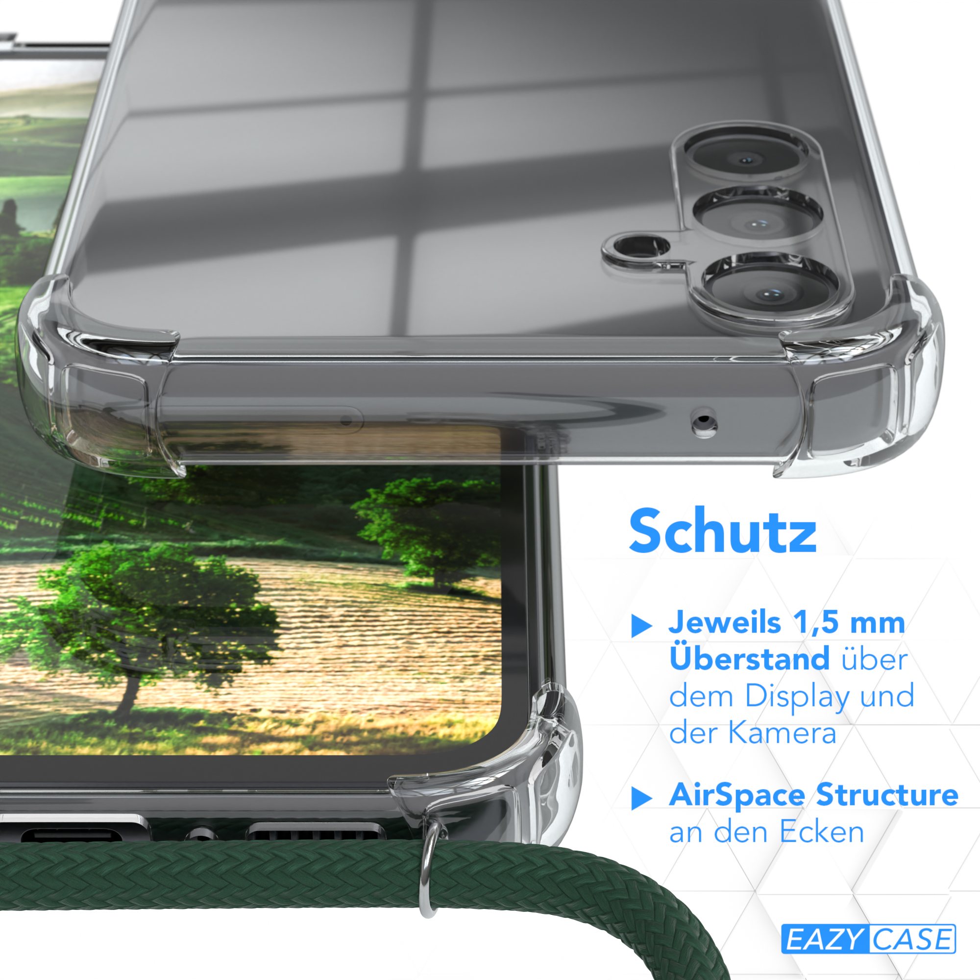 Transparente Handyhülle mit grünem Gurt. Text weist auf Schutzfunktionen hin.