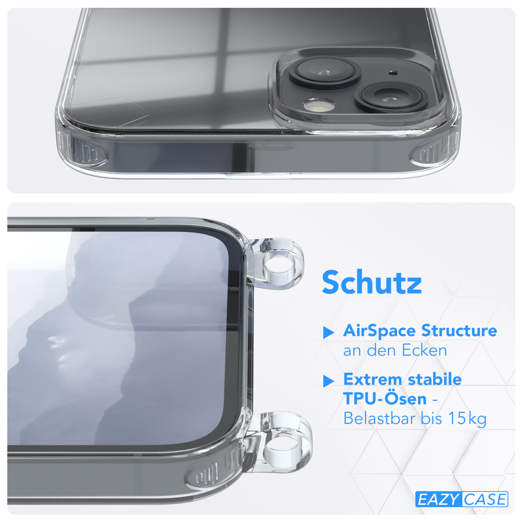 Nahaufnahme einer Handyhülle mit Schutzfunktionen. Die Hülle ist transparent und zeigt das Telefon.