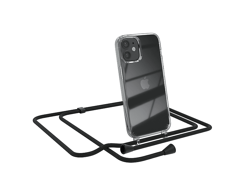 EAZY CASE Clear Cover mit Umhängeband, Umhängetasche, Apple, iPhone 12 Mini, Schwarz