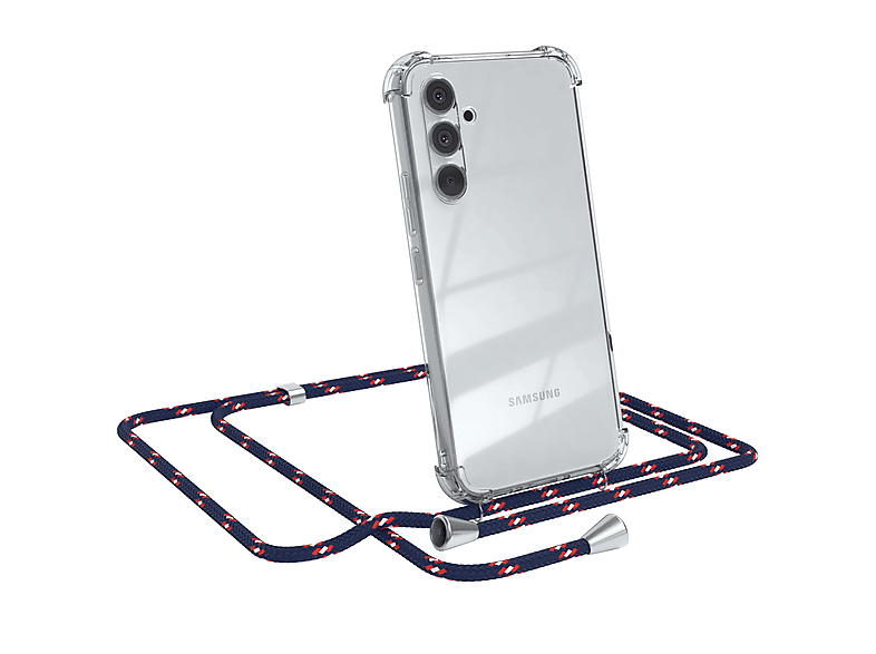 EAZY CASE Clear Cover mit Umhängeband, Umhängetasche, Samsung, Galaxy A54, Blau Camouflage / Clips Silber