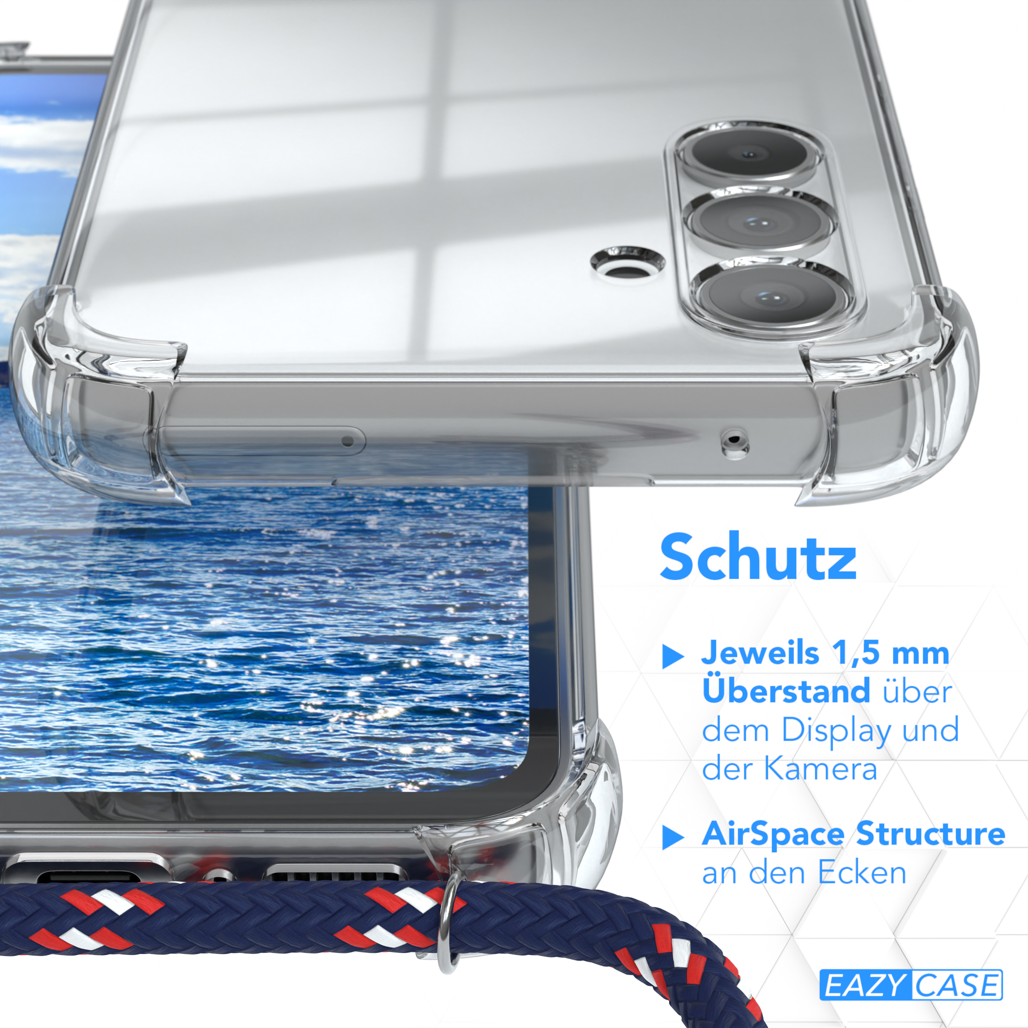 Camouflage A54, Samsung, Clips / Cover Umhängetasche, Galaxy mit Clear CASE Umhängeband, Silber Blau EAZY