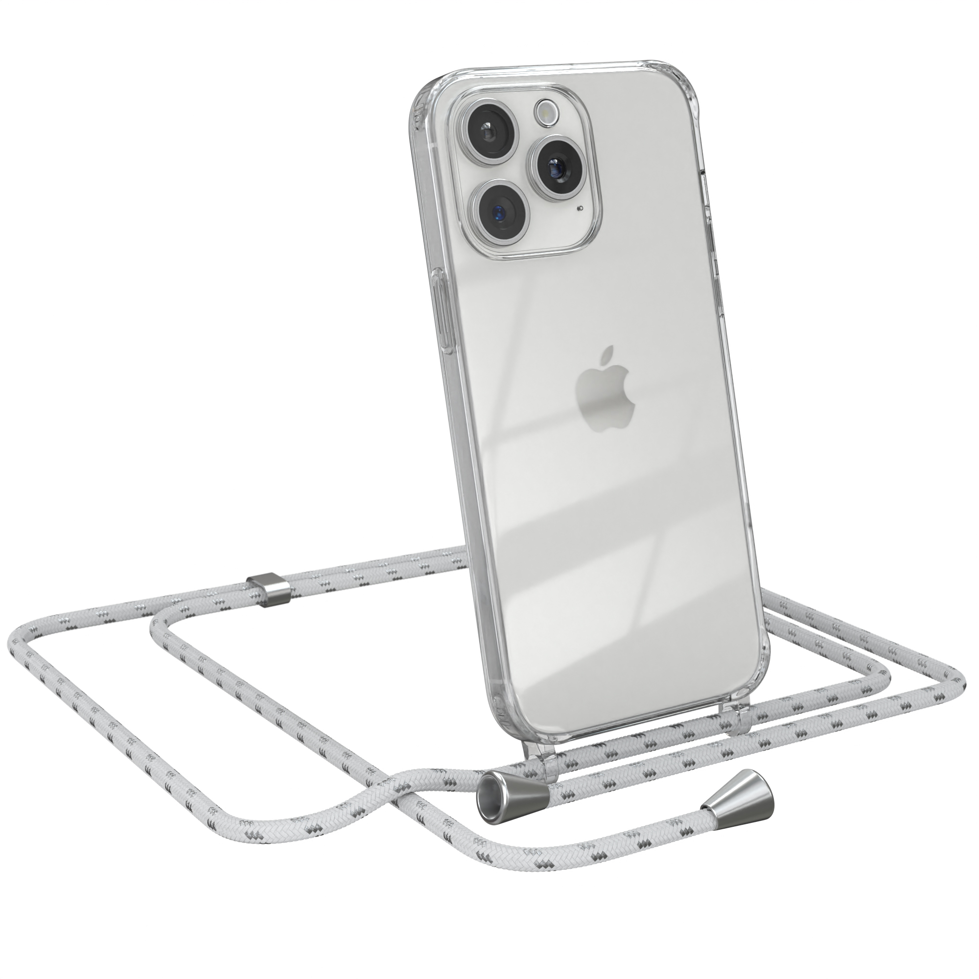 EAZY CASE Clear Cover mit / Max, Pro Clips 15 Apple, Umhängeband, Silber Weiß iPhone Umhängetasche
