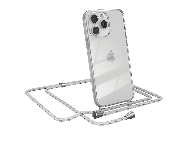 EAZY CASE Clear Cover mit Umhängeband, Umhängetasche, Apple, iPhone 15 Pro Max, Weiß / Clips Silber