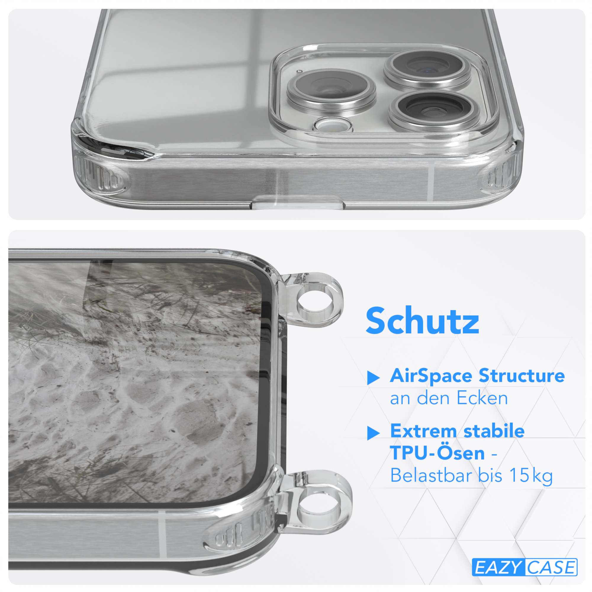 EAZY CASE Clear Cover mit / Max, Pro Clips 15 Apple, Umhängeband, Silber Weiß iPhone Umhängetasche