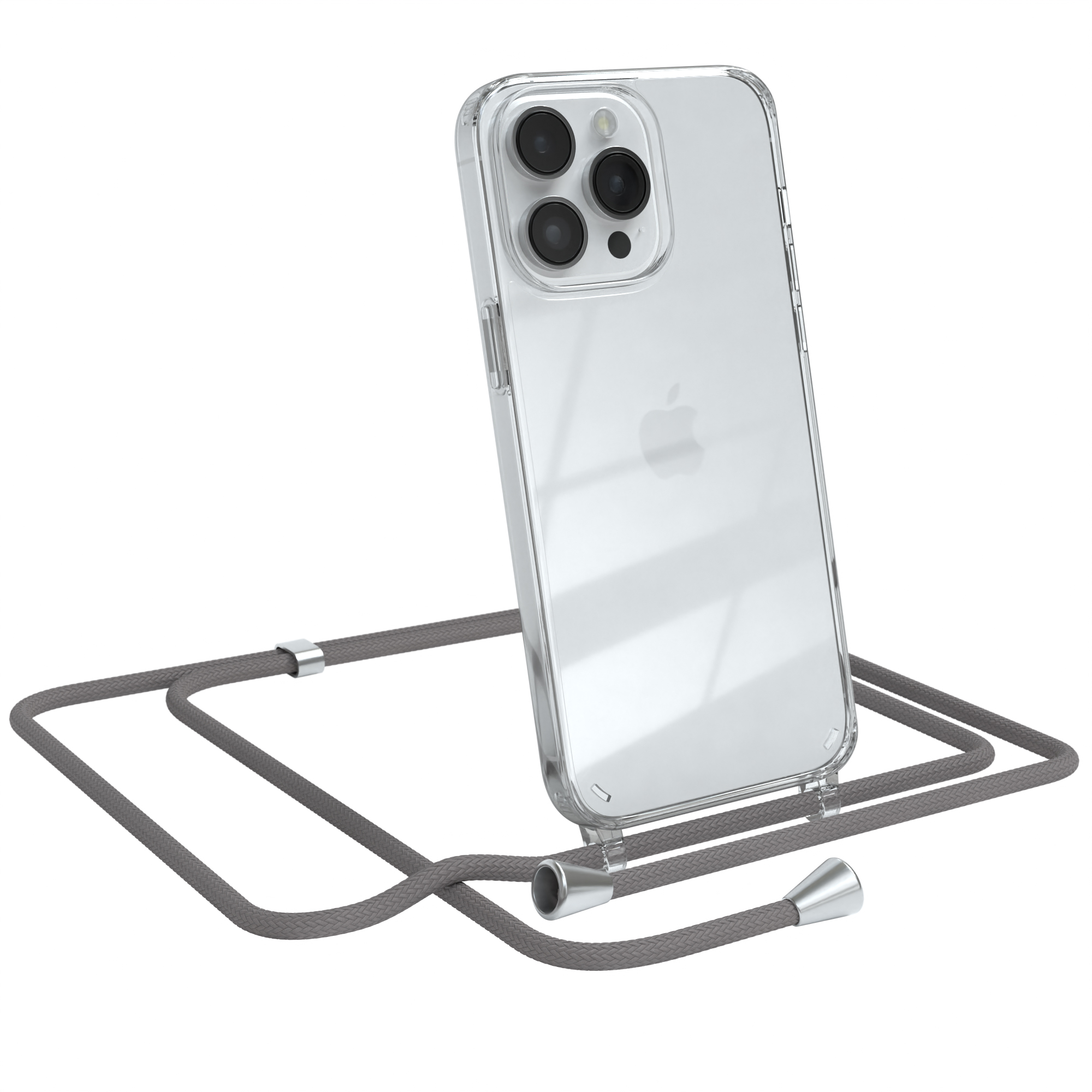 Ein Telefon in einer transparenten Hülle mit einem grauen Riemen. Das Telefon lehnt sich, mit Apple-Logo.