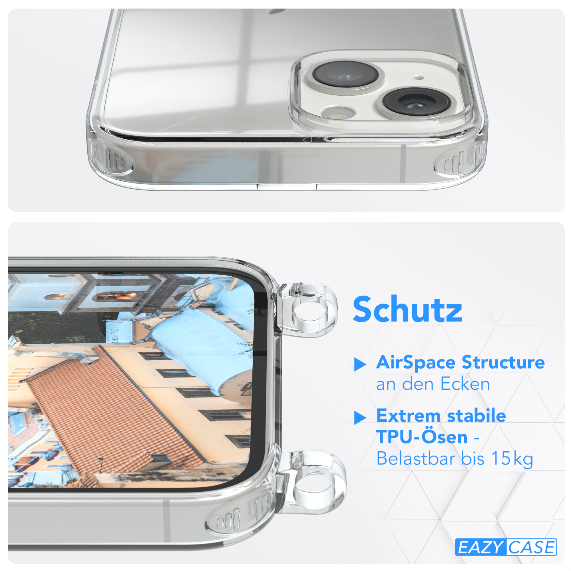 Nahaufnahme einer transparenten Handyhülle mit Schutzfunktionen. Text zeigt 'AirSpace Structure'.