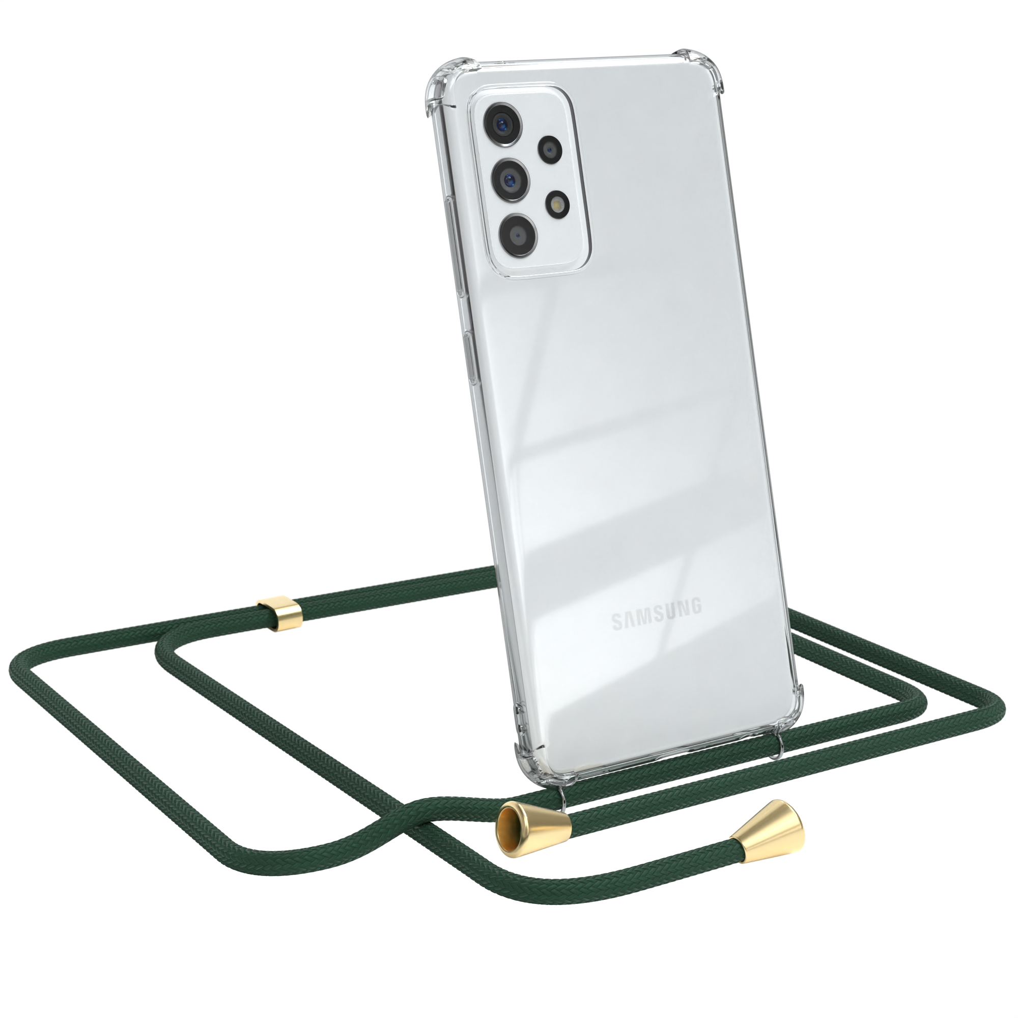 Eine transparente Telefonhülle mit grünem Gurt ist an einem Telefon befestigt. Das Telefon steht vor weißem Hintergrund.