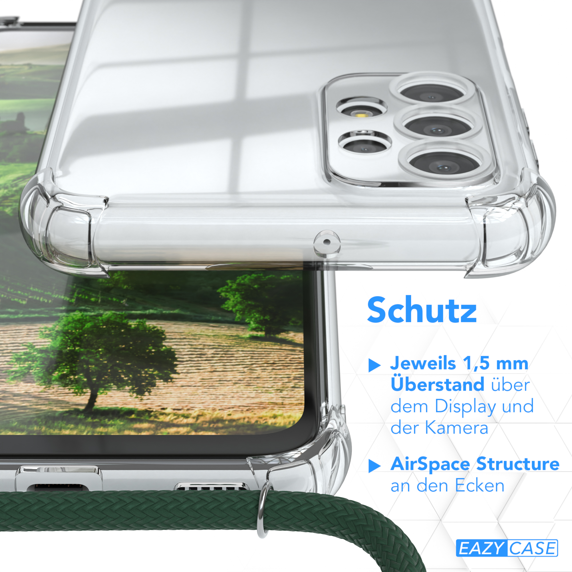 Nahaufnahme einer transparenten Handyhülle mit grünem Riemen. Text: Schutz. Kamerabereich.