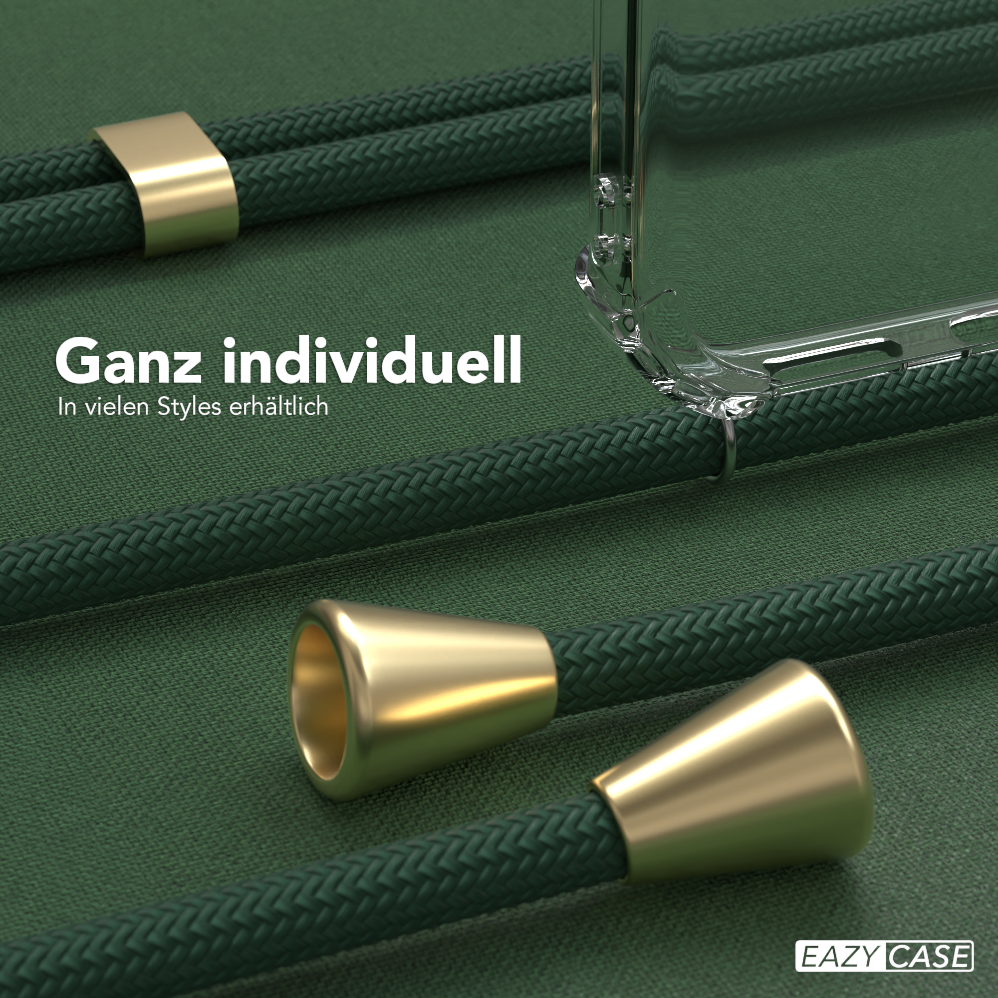 Nahaufnahme von Handyhülle und Lanyard mit grünem Seil und goldenen Akzenten auf grünem Hintergrund.