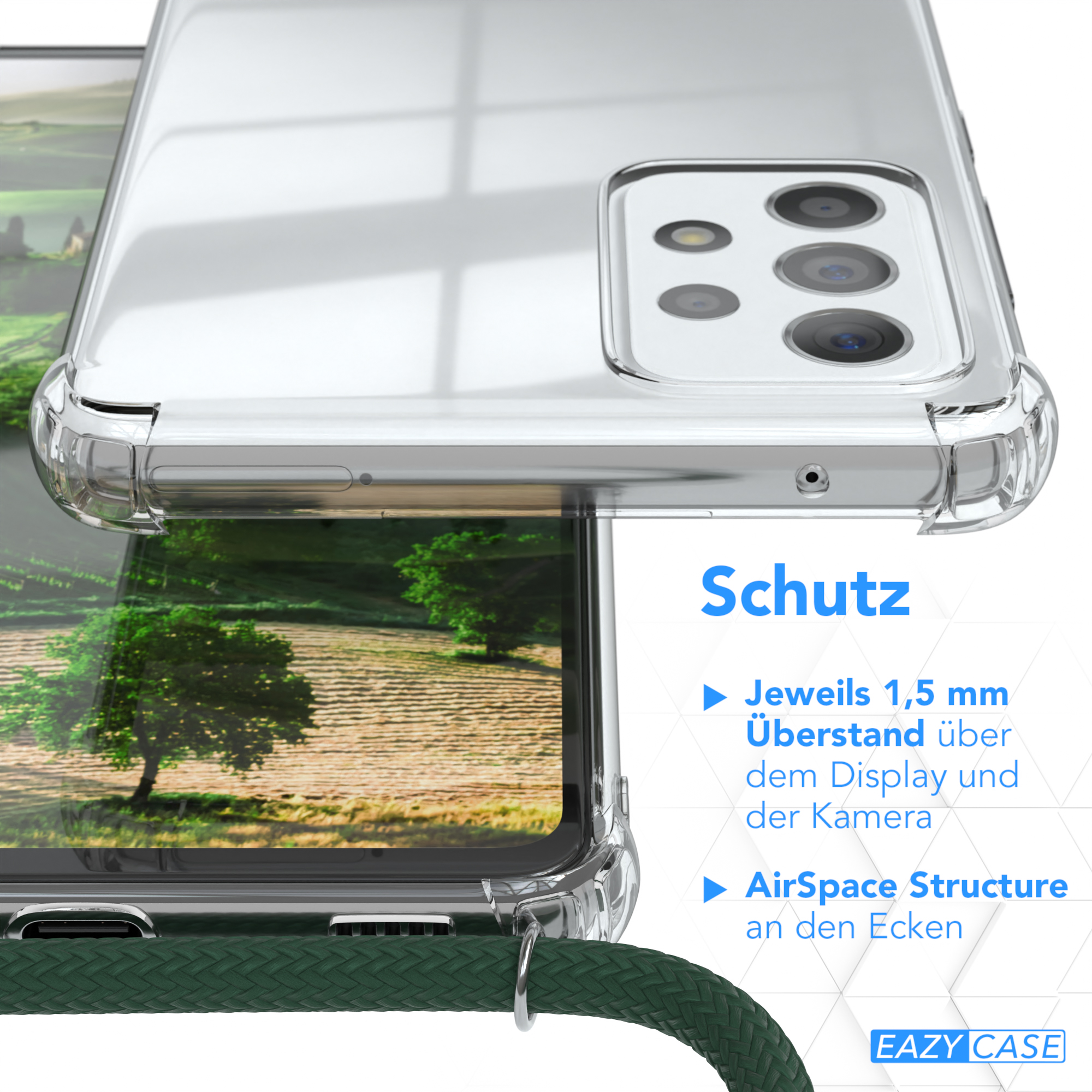 Transparente Handyhülle, die ein Telefon schützt, mit dem Text 'Schutz' und Aufzählungspunkten zum Display- und Eckenschutz.