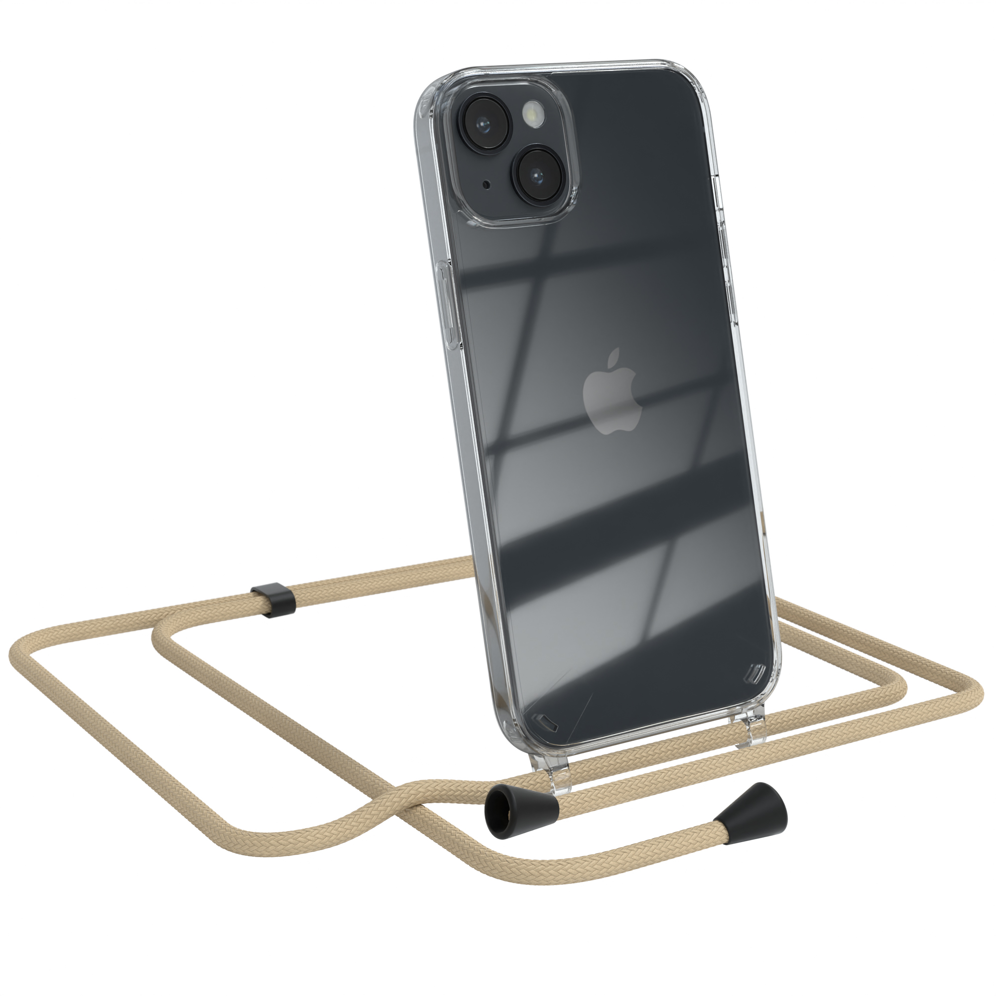 EAZY CASE Clear Cover mit Plus, Beige Umhängetasche, Taupe Apple, 14 iPhone Umhängeband