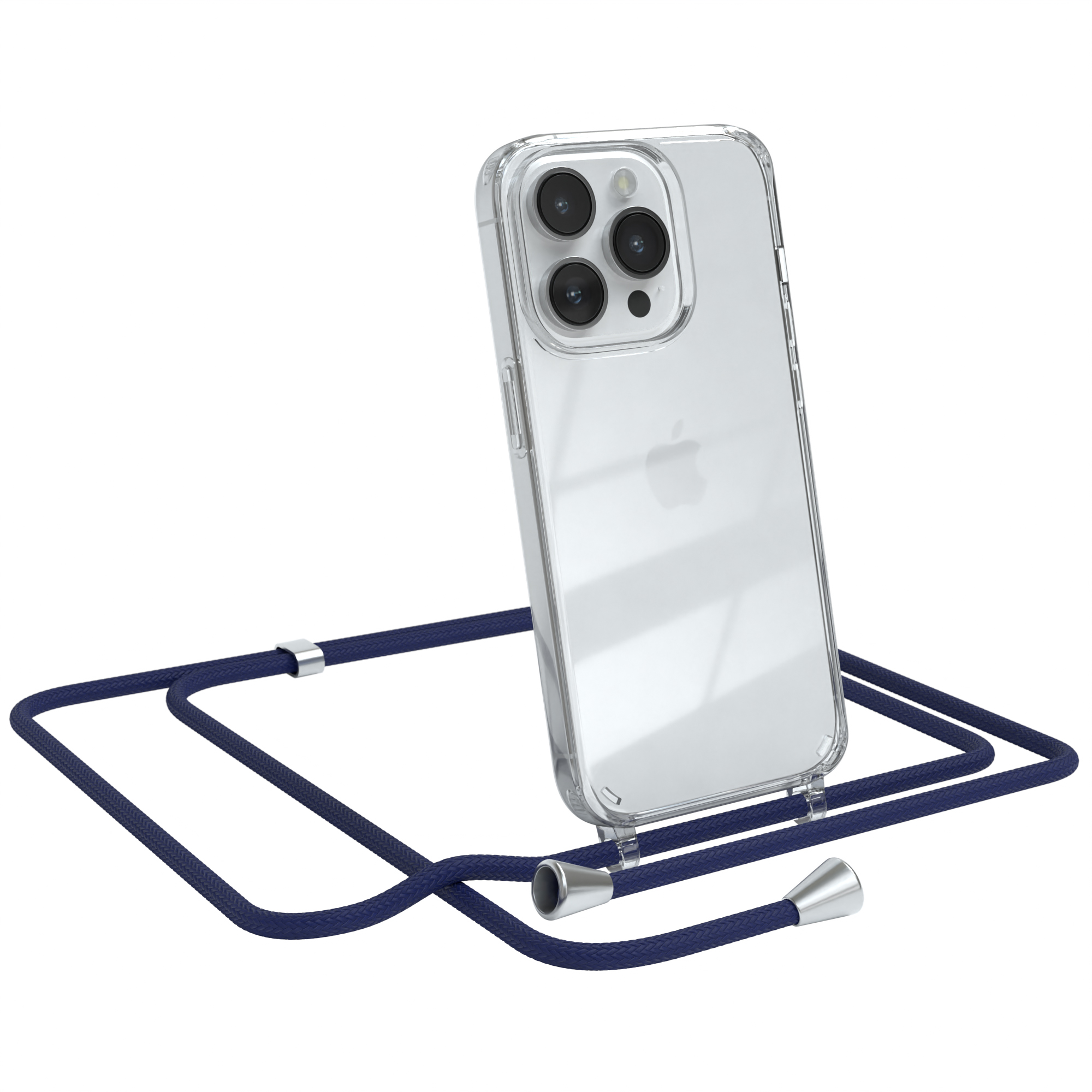 Transparente Handyhülle mit blauem Umhängeband. Telefon ist abgewinkelt.