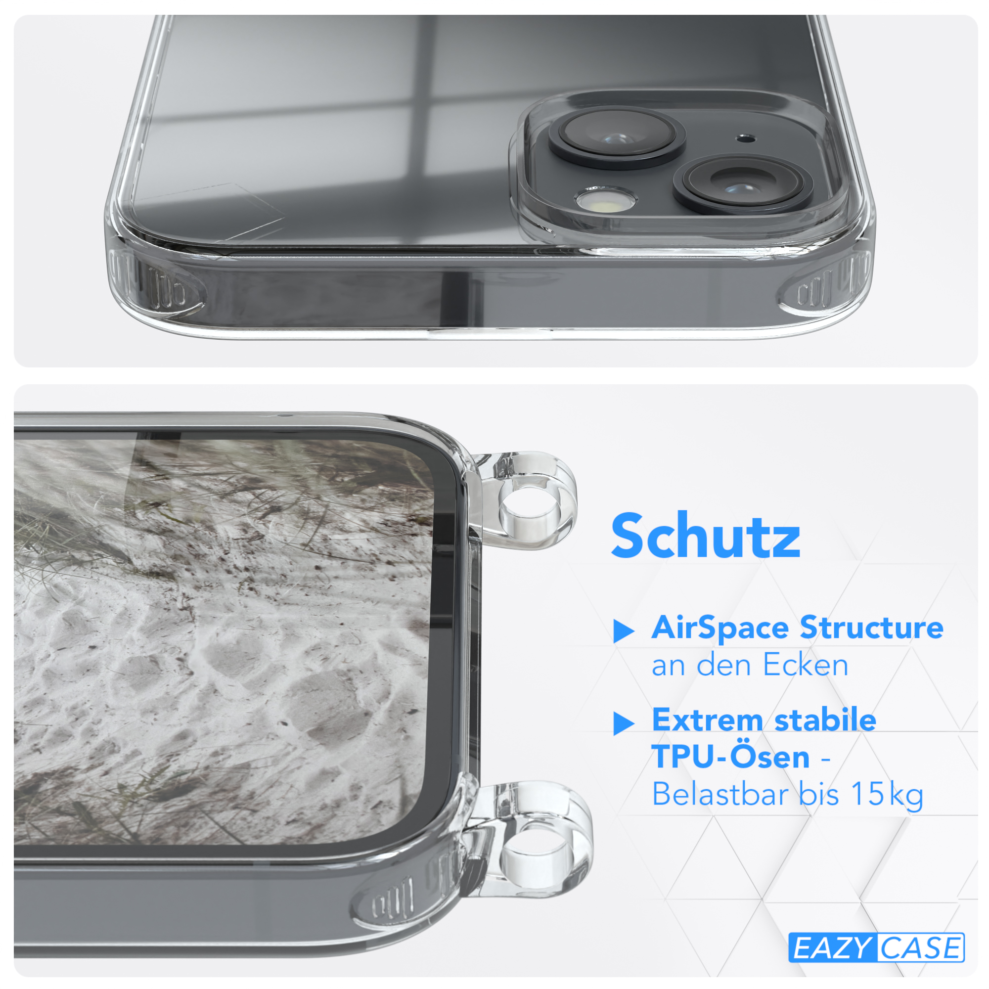 EAZY CASE Clear Cover mit Plus, Beige Umhängetasche, Taupe Apple, 14 iPhone Umhängeband
