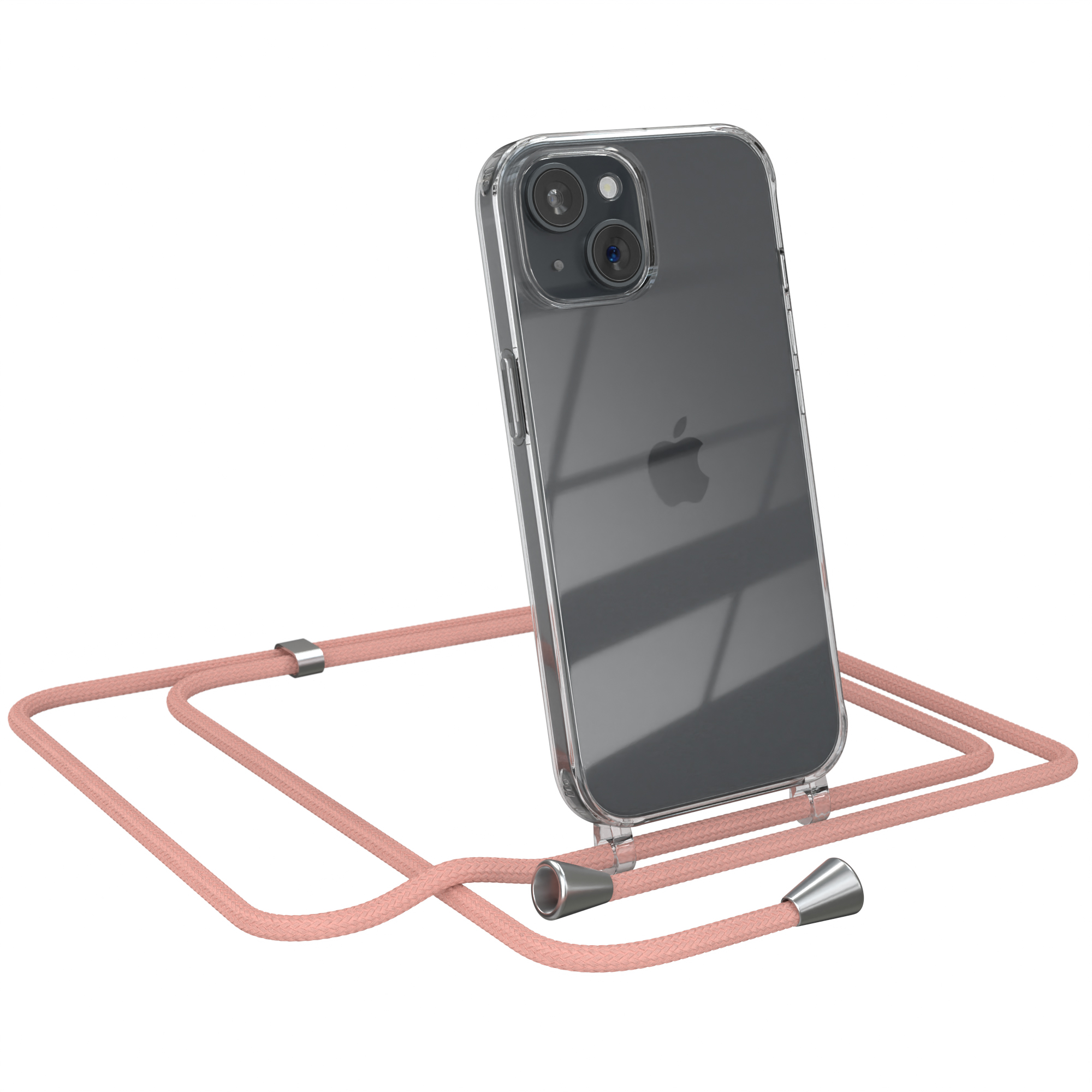 Klare Handyhülle mit rosa Kordel. Telefon ist abgewinkelt. Weißer Hintergrund.