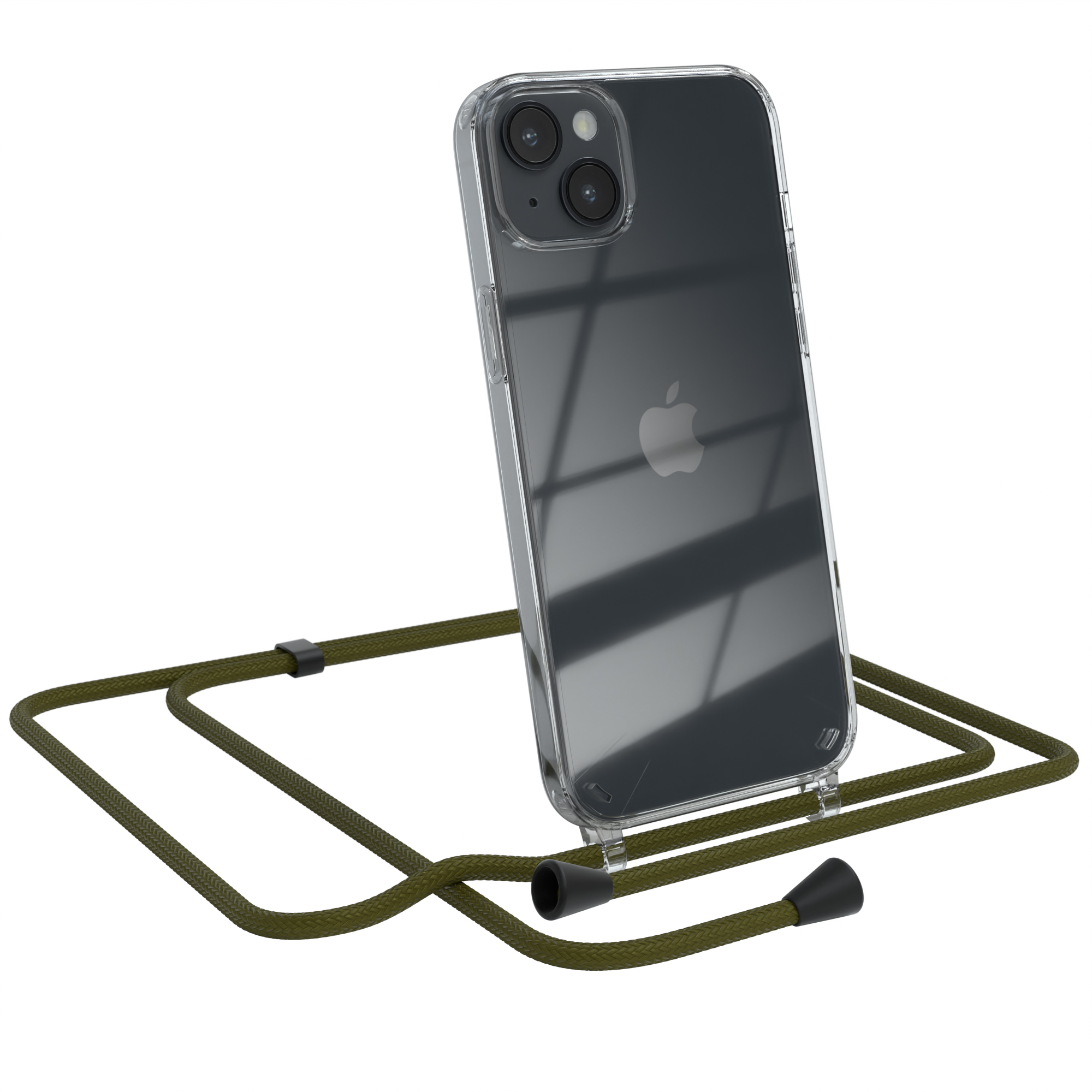 Transparente Handyhülle mit iPhone, olivgrünes Schlüsselband. Weißer Hintergrund.