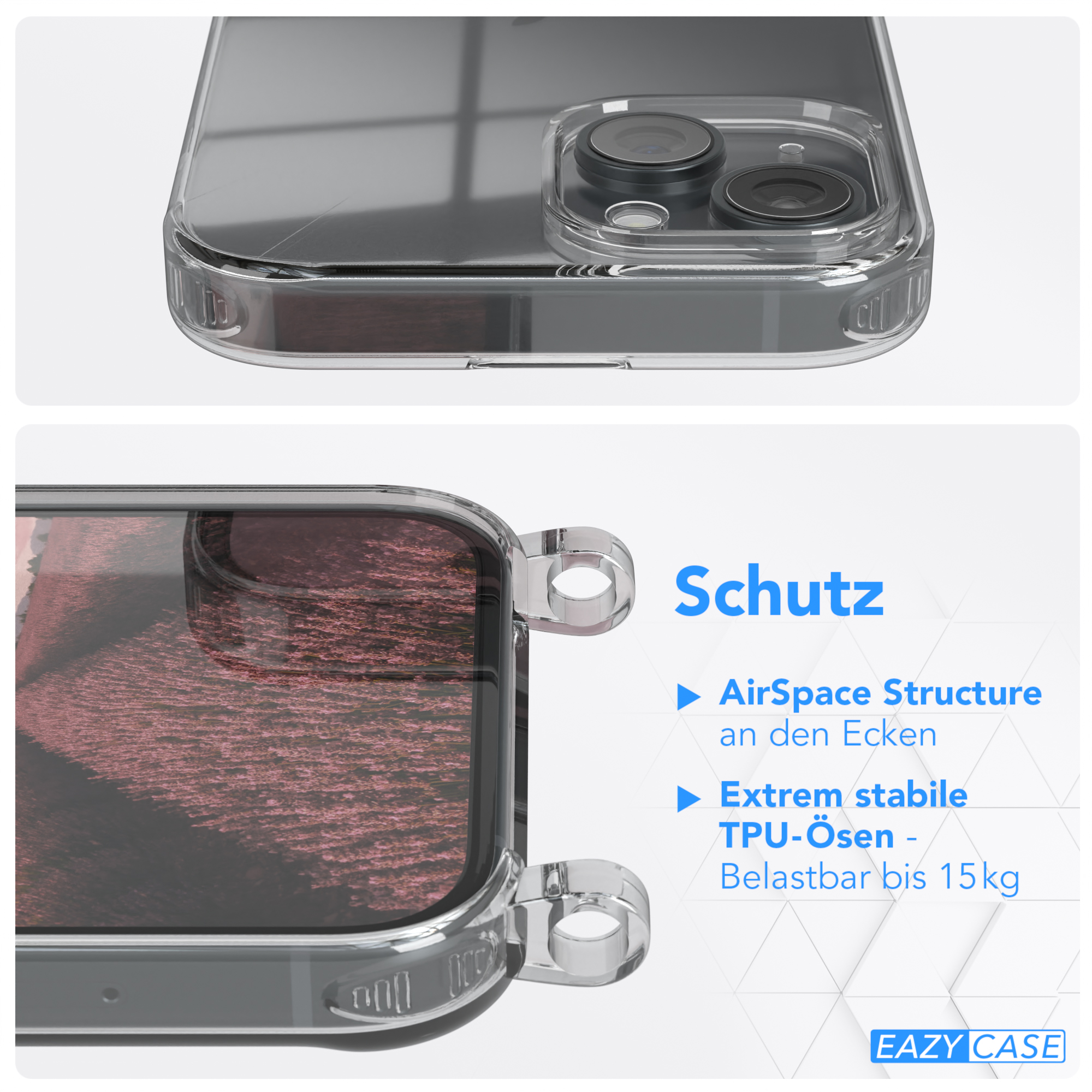 Transparente Handyhülle mit Schutzfunktionen. Text: AirSpace Structure und TPU.