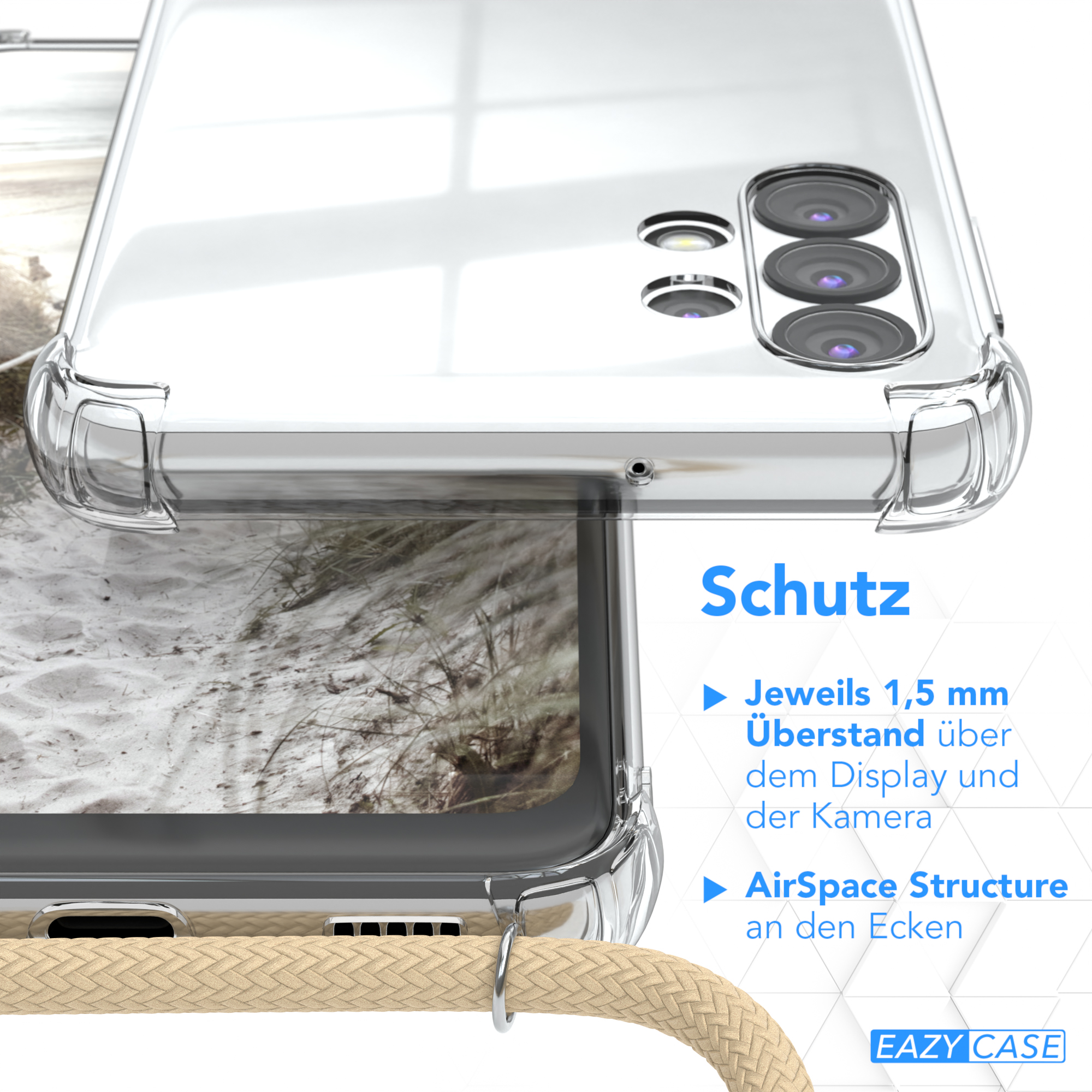 Eine transparente Handyhülle über einem Telefon, mit einem Sandstrandfoto und dem Wort „Schutz“.