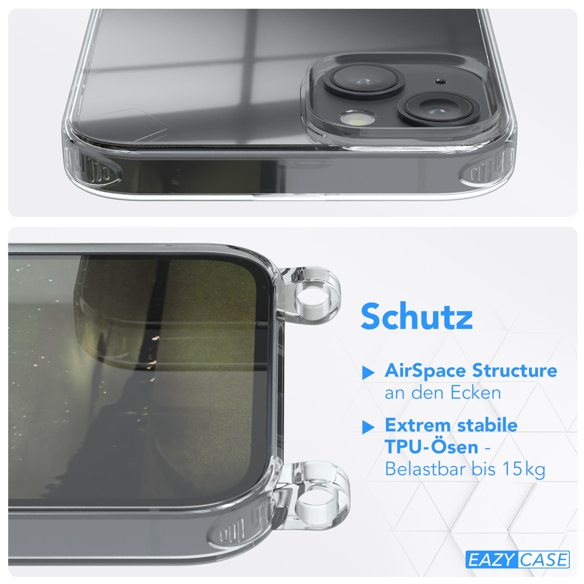 Nahaufnahme einer durchsichtigen Handyhülle. Text hebt AirSpace-Struktur und stabile TPU-Ösen bis 15kg hervor.