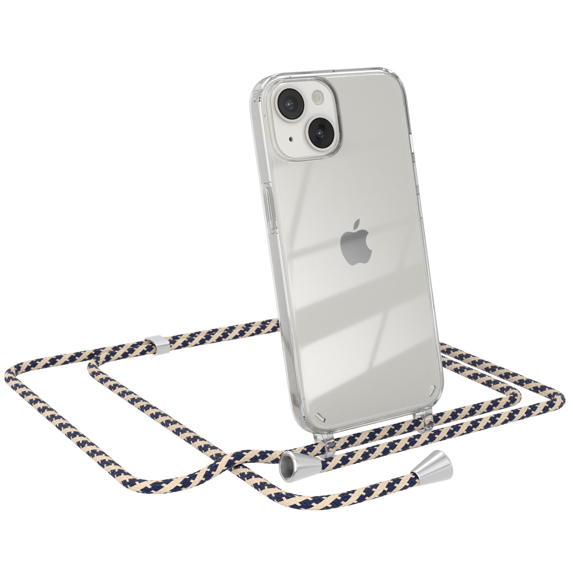 Transparente Handyhülle mit marineblau-beigem Seil-Umhängeband. Das Telefon ist ein Apple-Modell.
