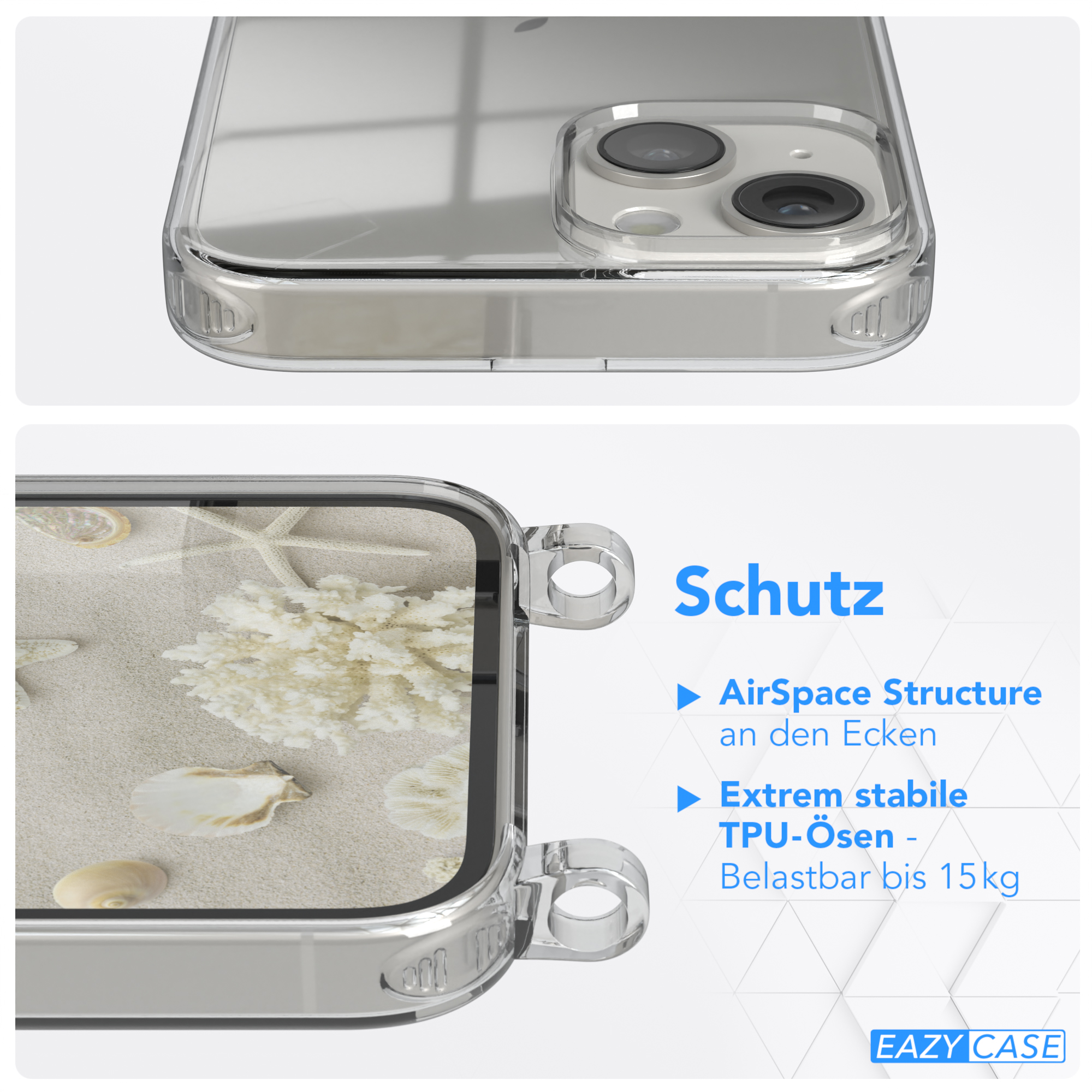 Handyhülle mit transparentem Ober- und Unterteil, zeigt Muscheln auf Sand.