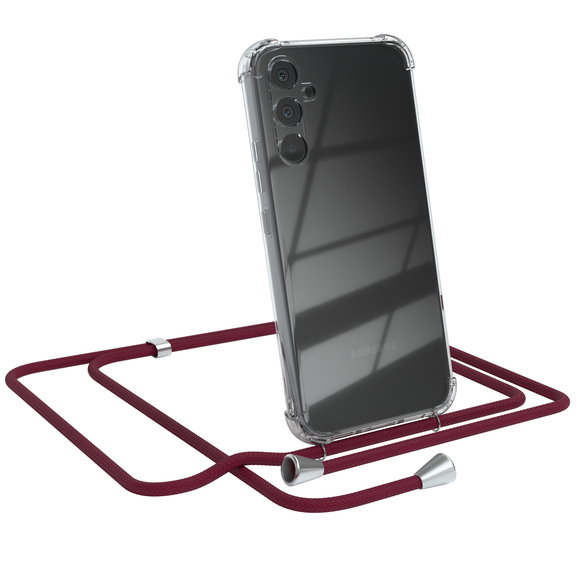 Transparente Handyhülle mit bordeauxfarbenem Band. Das Telefon ist geneigt.