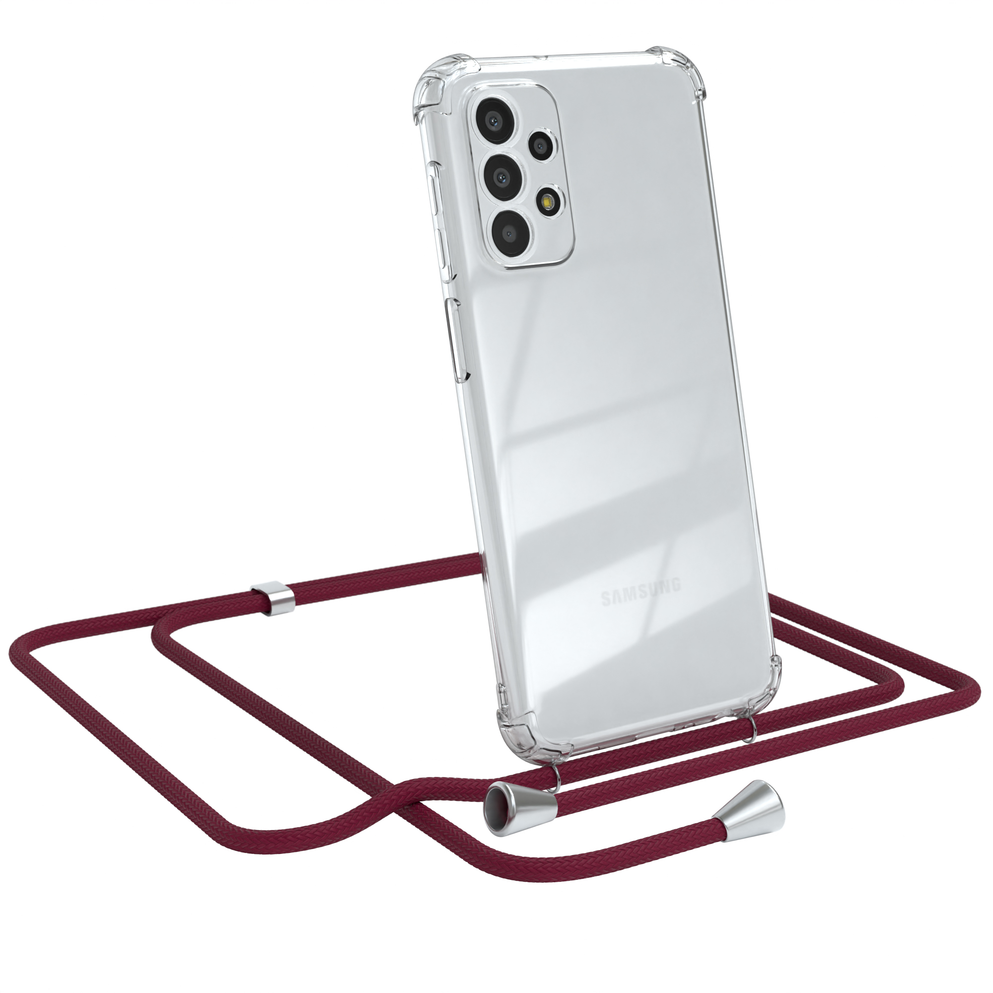 Transparente Handyhülle mit weinrotem Riemen, Samsung-Telefon. Weißer Hintergrund.