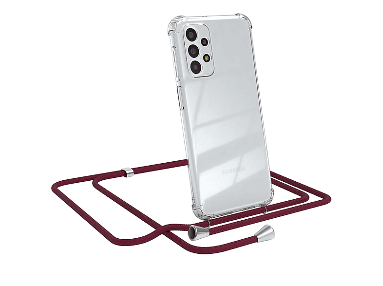EAZY CASE Clear Cover mit Umhängeband, Umhängetasche, Samsung, Galaxy A23 5G, Bordeaux Rot / Clips Silber