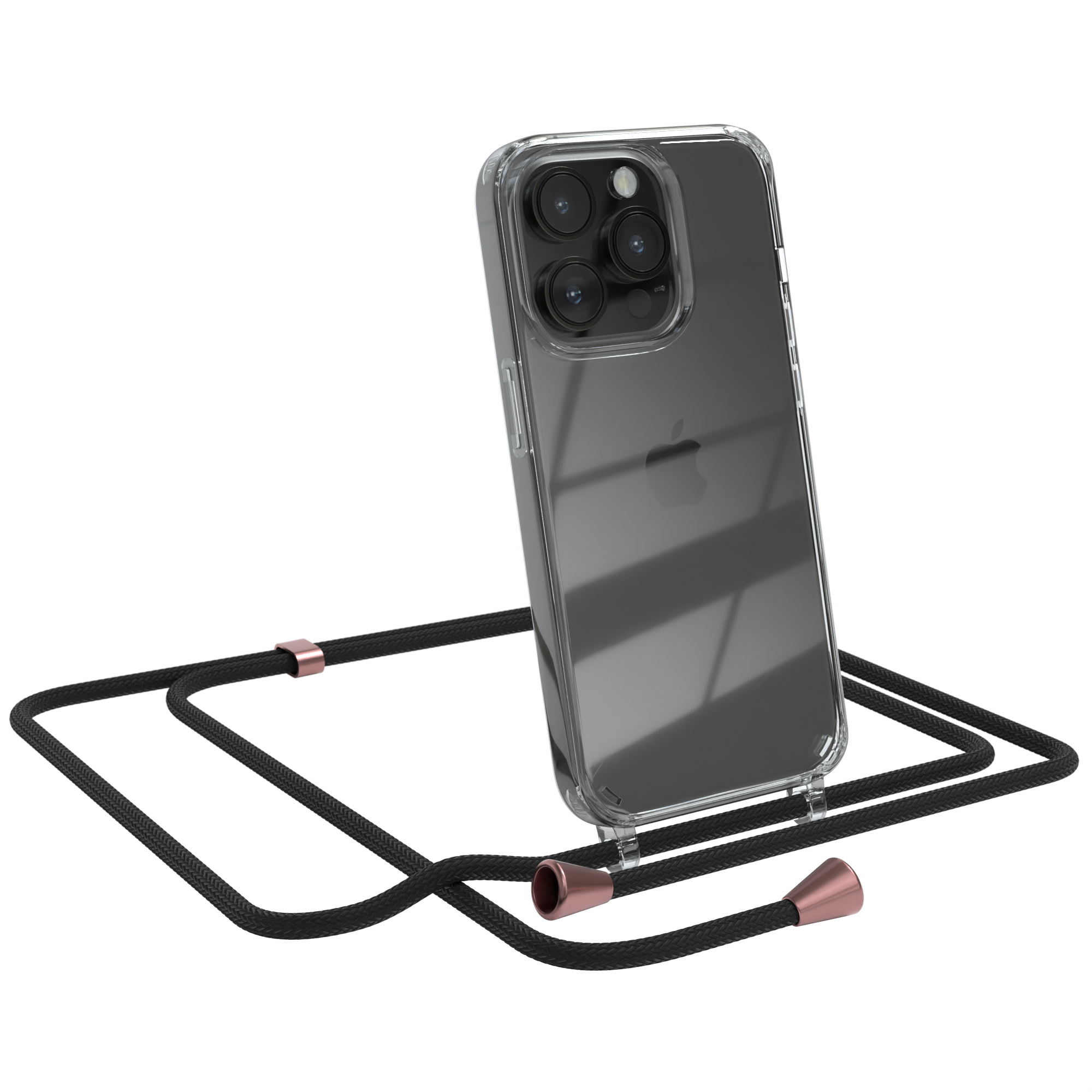 Transparente Handyhülle mit schwarzem Gurt. Ein iPhone ist darin.