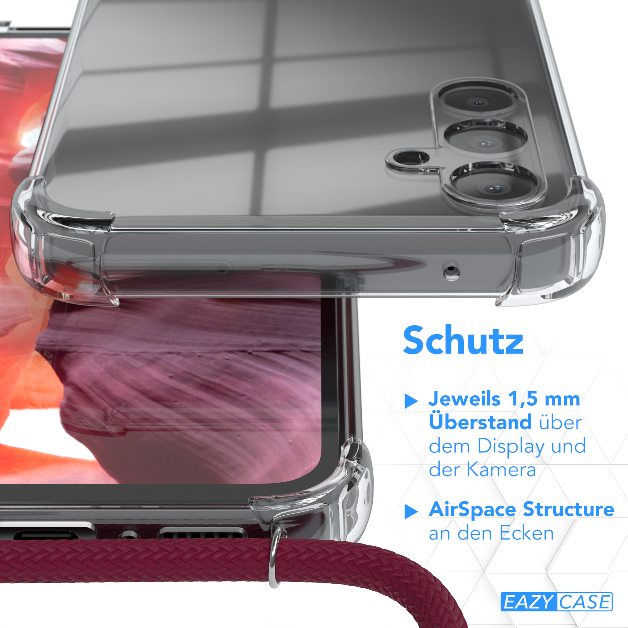 Transparente Handyhülle mit rotem Kabel. Text lautet "Schutz". Das Telefon ist in der Hülle.