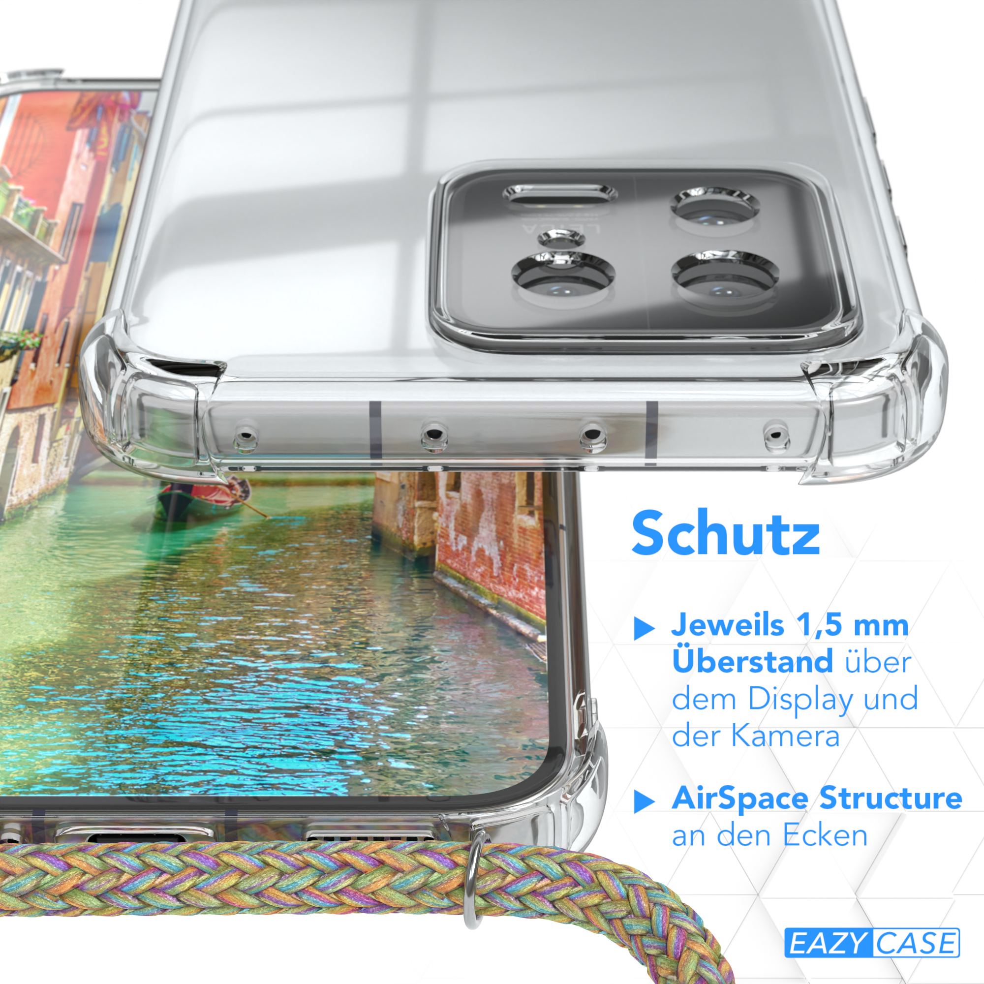 Transparente Handyhülle über einer Kanalszene. Text hebt Schutzfunktionen wie erhöhte Kanten hervor.