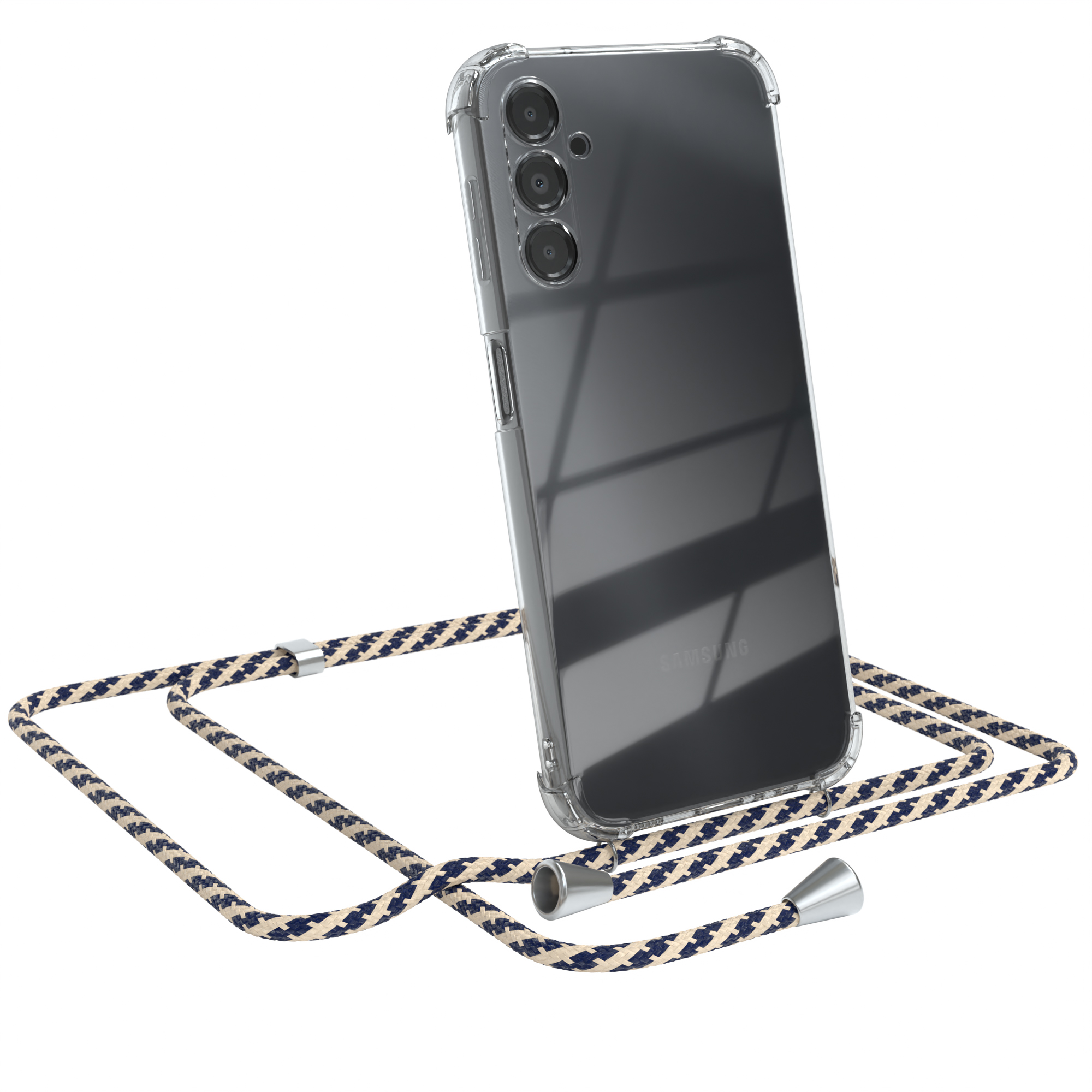 Transparente Handyhülle mit Samsung-Handy und blau/weißem Handystrap. Strap hat silberfarbene Enden.