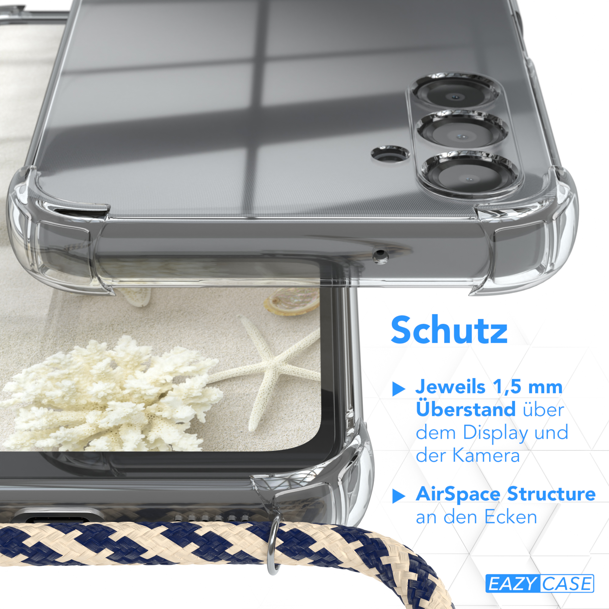 EAZY CASE Clear Cover mit Umhängeband, Umhängetasche, Samsung, Galaxy 5G, Taupe Camouflage A14