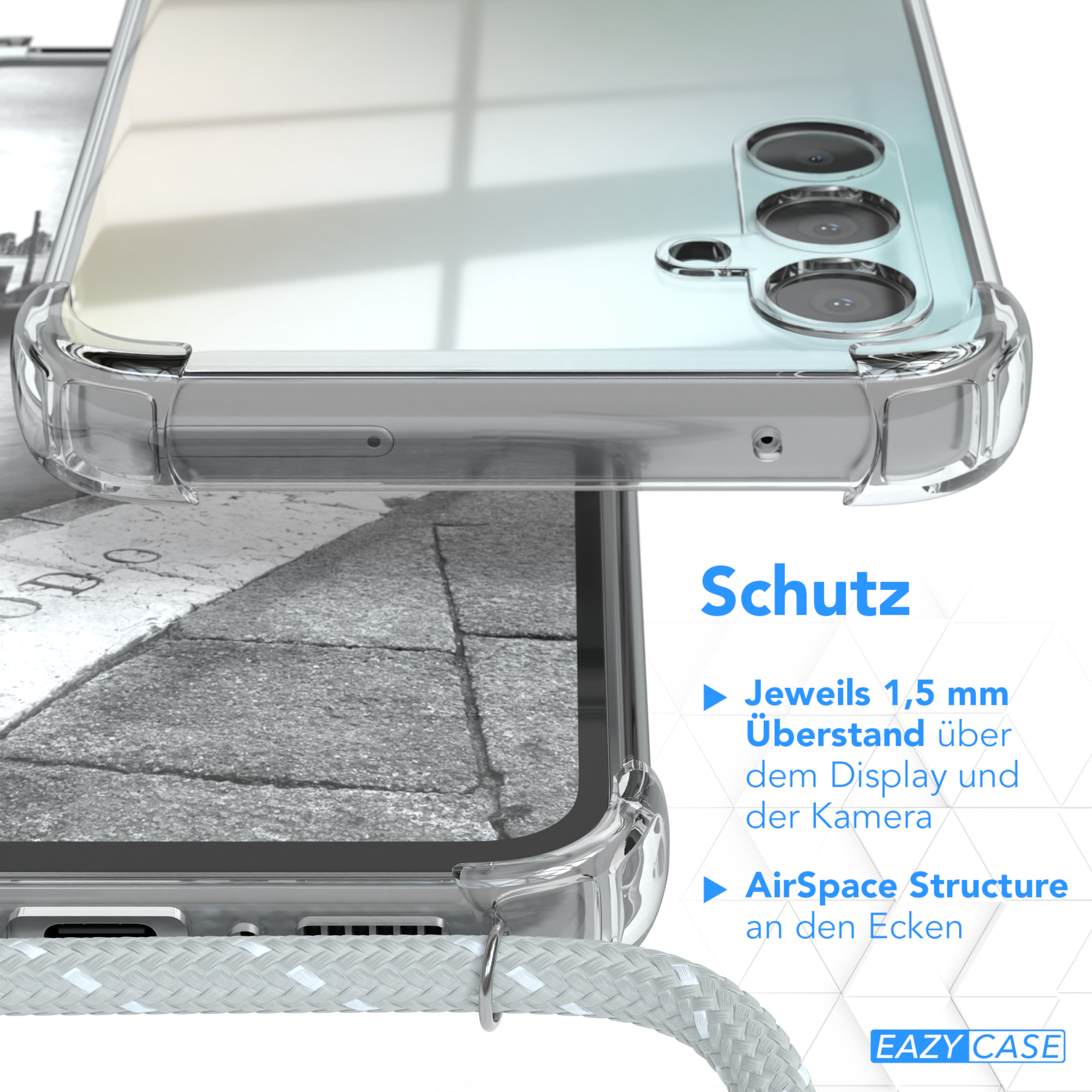 Nahaufnahme der Handyhülle mit Schutz-Text, AirSpace Structure und 1,5mm Überstand.