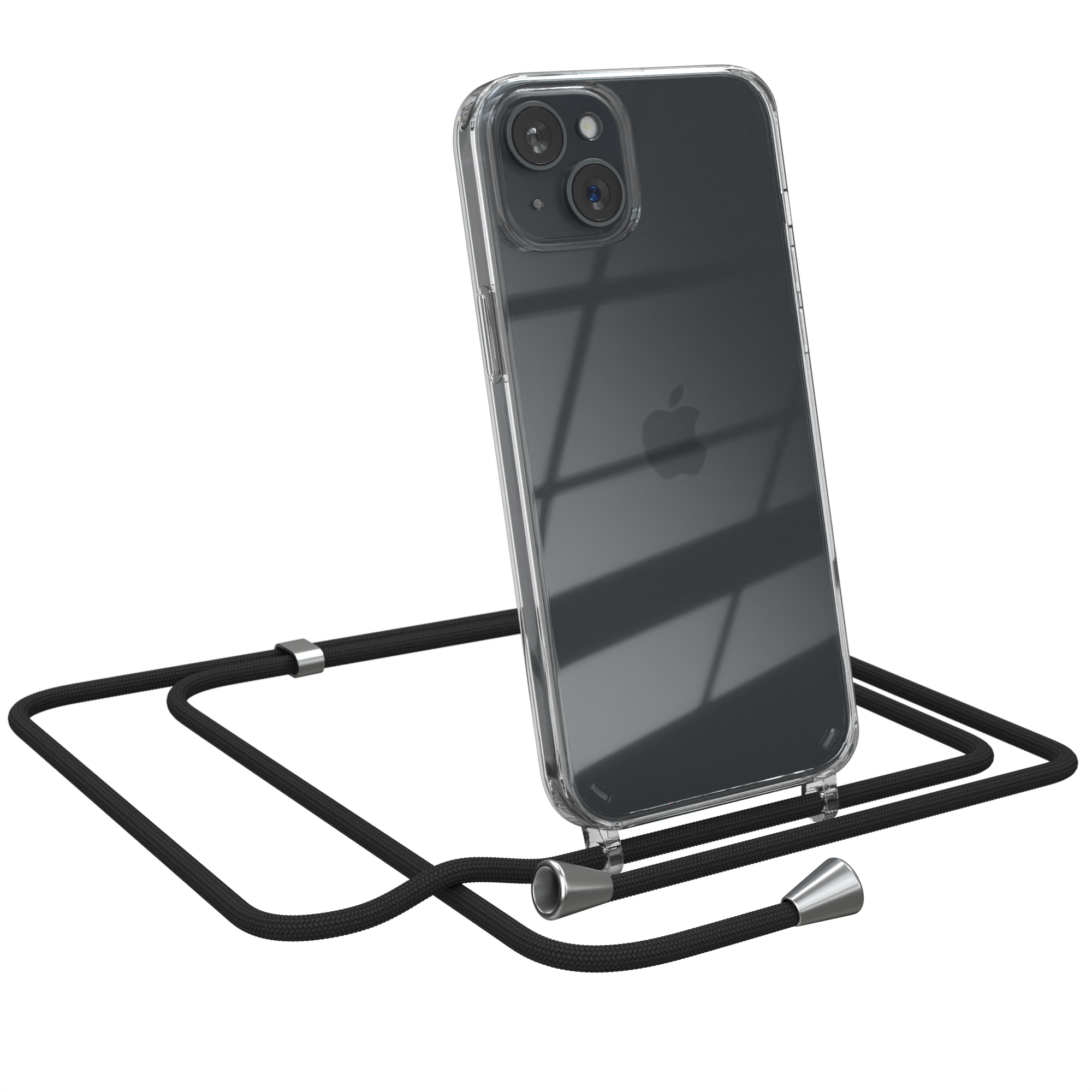 Transparente Handyhülle mit schwarzem Lanyard. Apple-Logo sichtbar. Weißer Hintergrund.