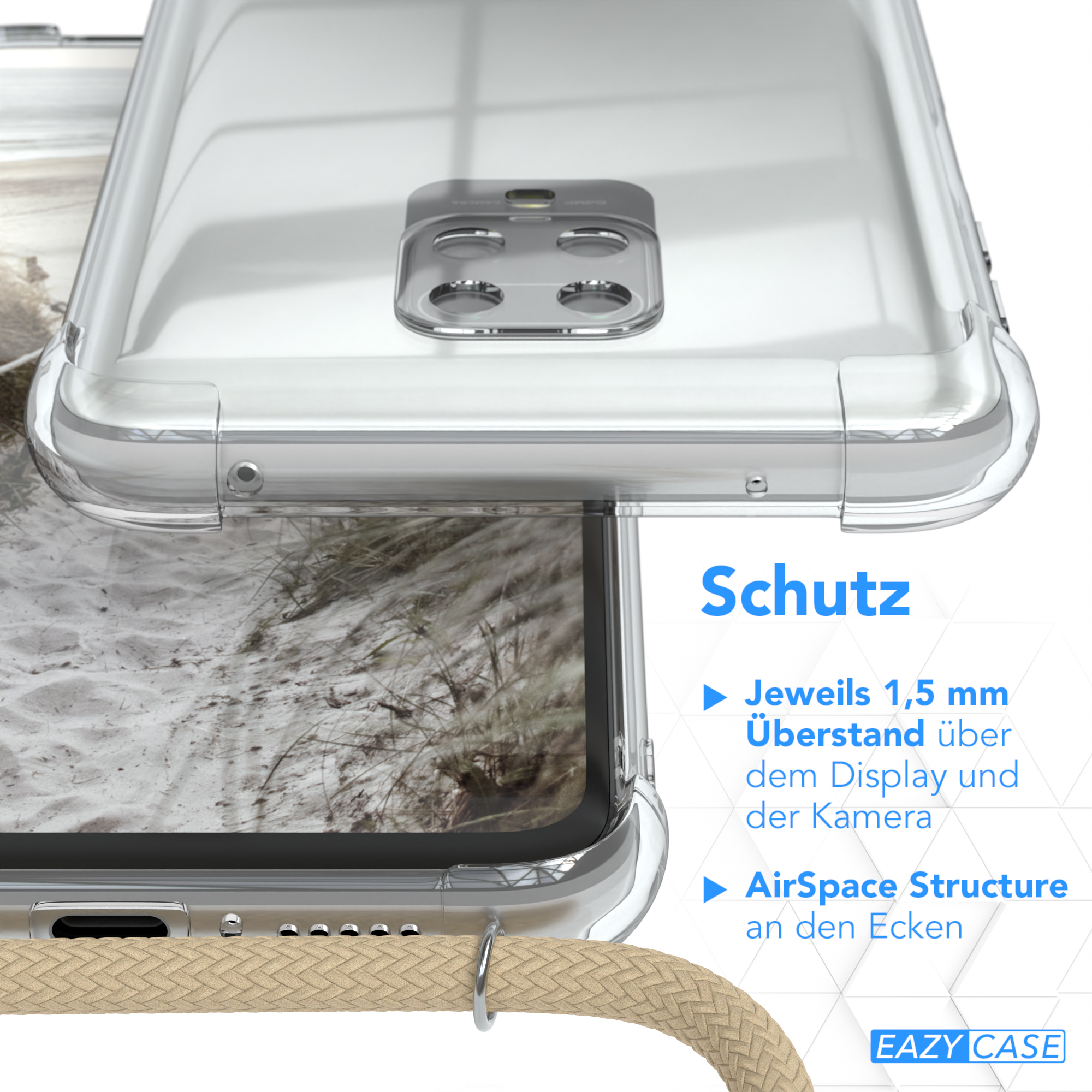 Nahaufnahme einer Handyhülle, die den Bildschirm des Telefons zeigt. Klare Hülle mit Sandhintergrund.