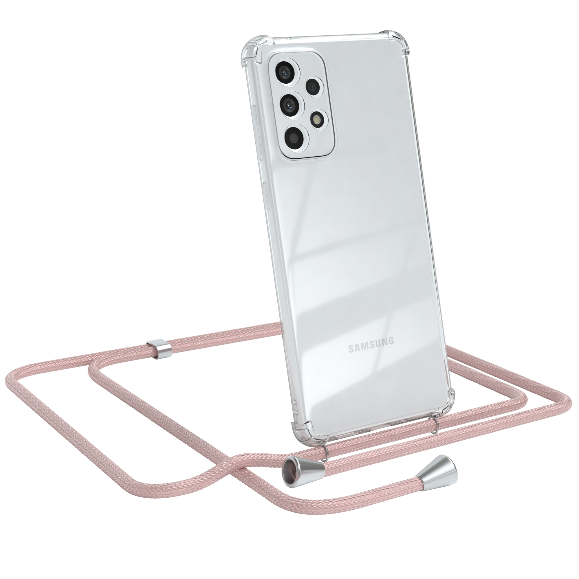Weißes Telefon in einer transparenten Hülle mit pinkfarbenem Umhängeband.