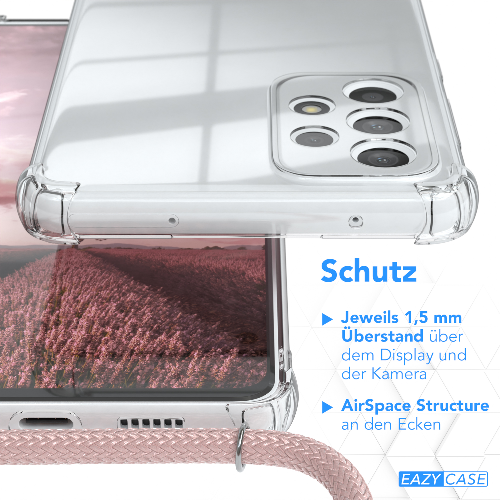 Eine Handyhülle mit Text und Nahaufnahme der Handyhülle mit einem rosa Schlüsselband.