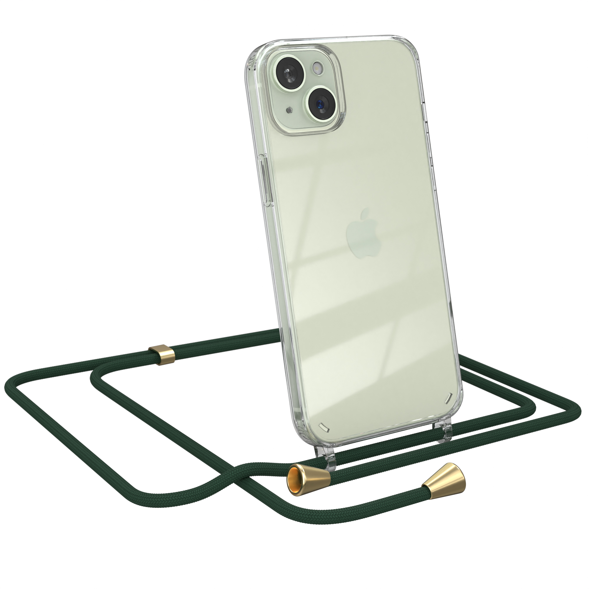 Transparente Handyhülle mit dunkelgrünem Band. Apple-Logo sichtbar. Weißer Hintergrund. Telefon abgewinkelt.