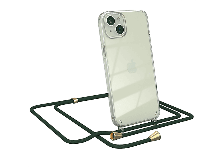 EAZY CASE Clear Cover mit Umhängeband, Umhängetasche, Apple, iPhone 15 Plus, Grün / Clips Gold