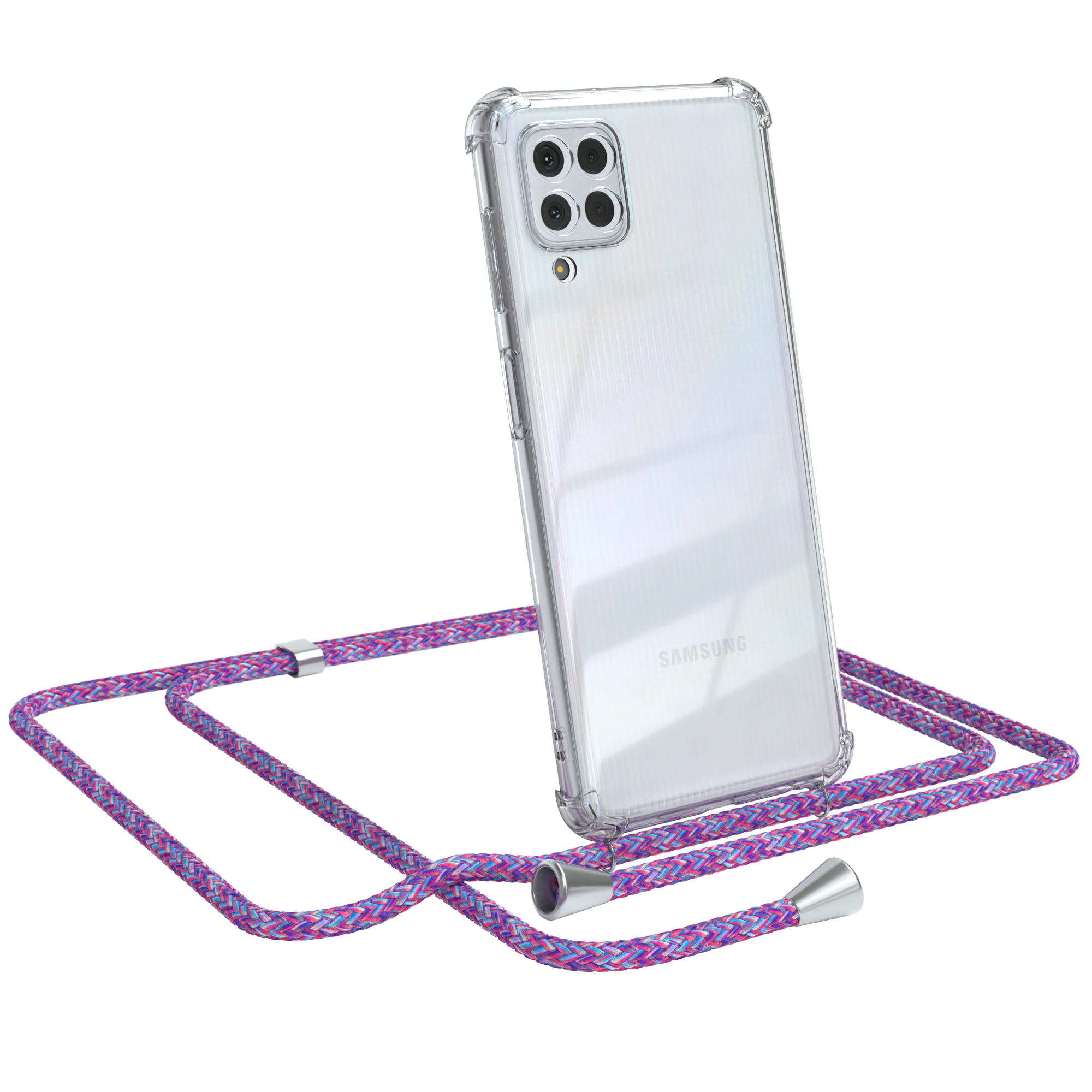 Transparente Handyhülle mit pink-lila Band, das ein Handy hält, auf weißem Hintergrund. Samsung-Logo sichtbar.