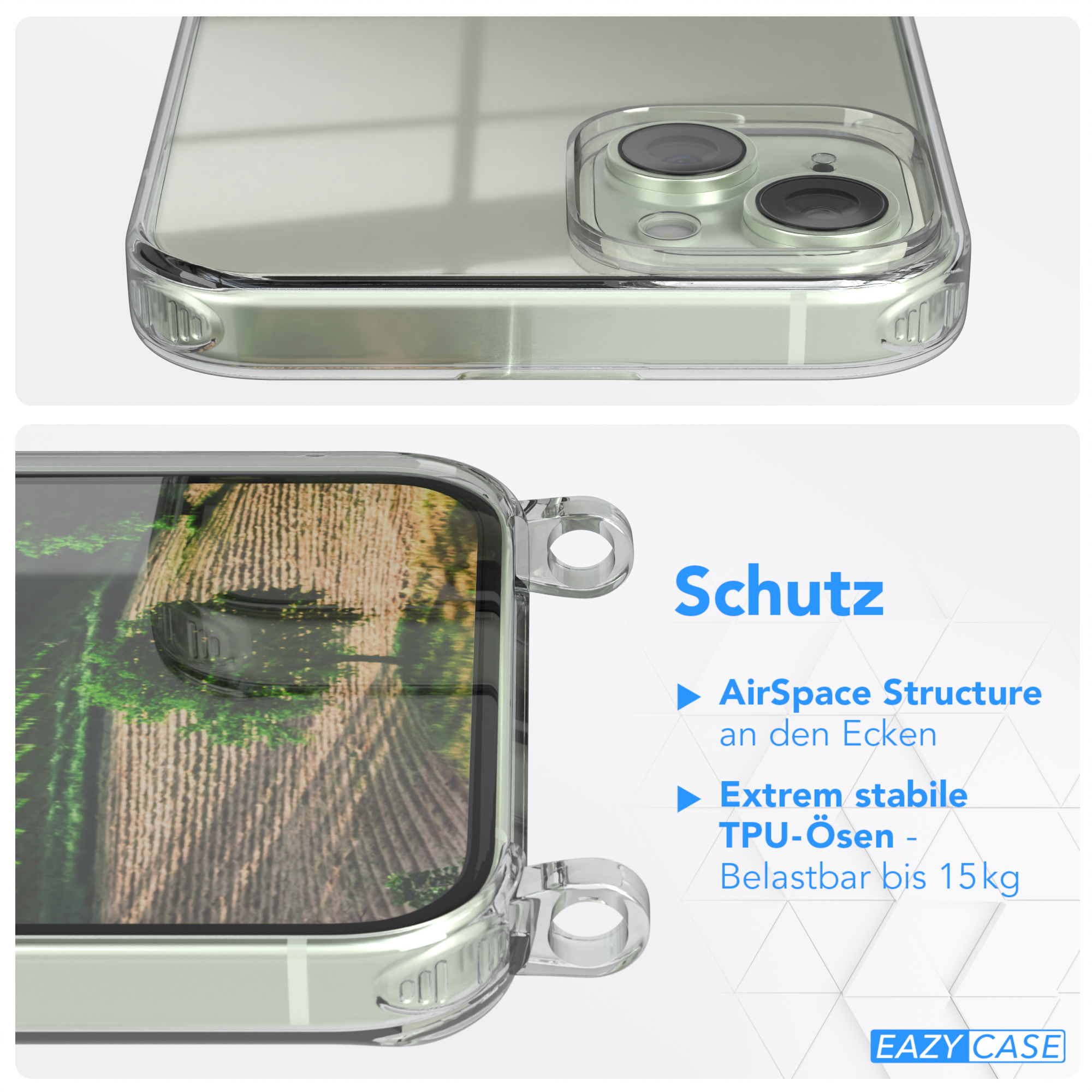 Transparente Handyhülle mit AirSpace-Struktur, TPU-Ösen-Details und Text 'Schutz'.