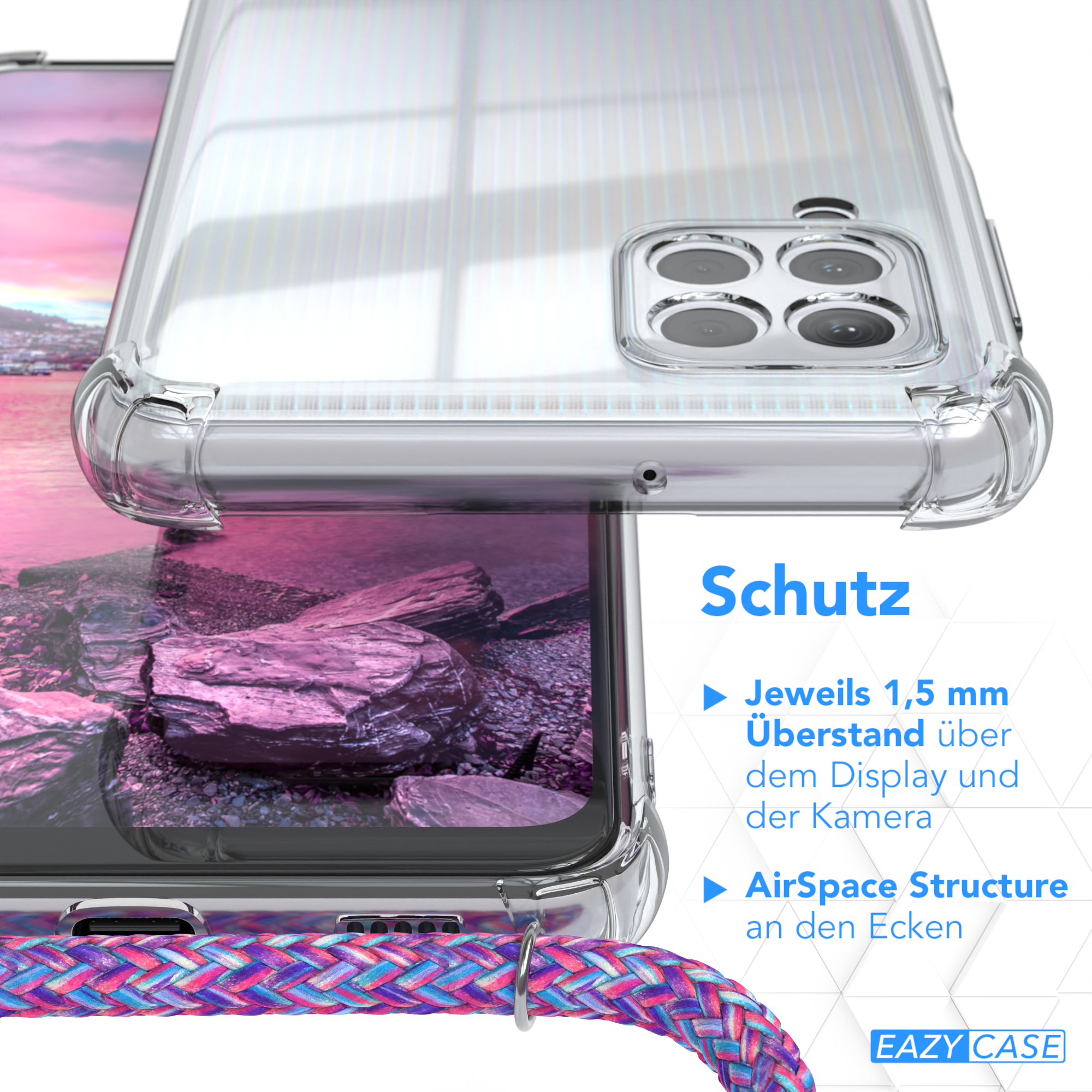 Eine transparente Handyhülle mit einem farbenfrohen Kabel. Text: Schutz. Details auf weißem Hintergrund.
