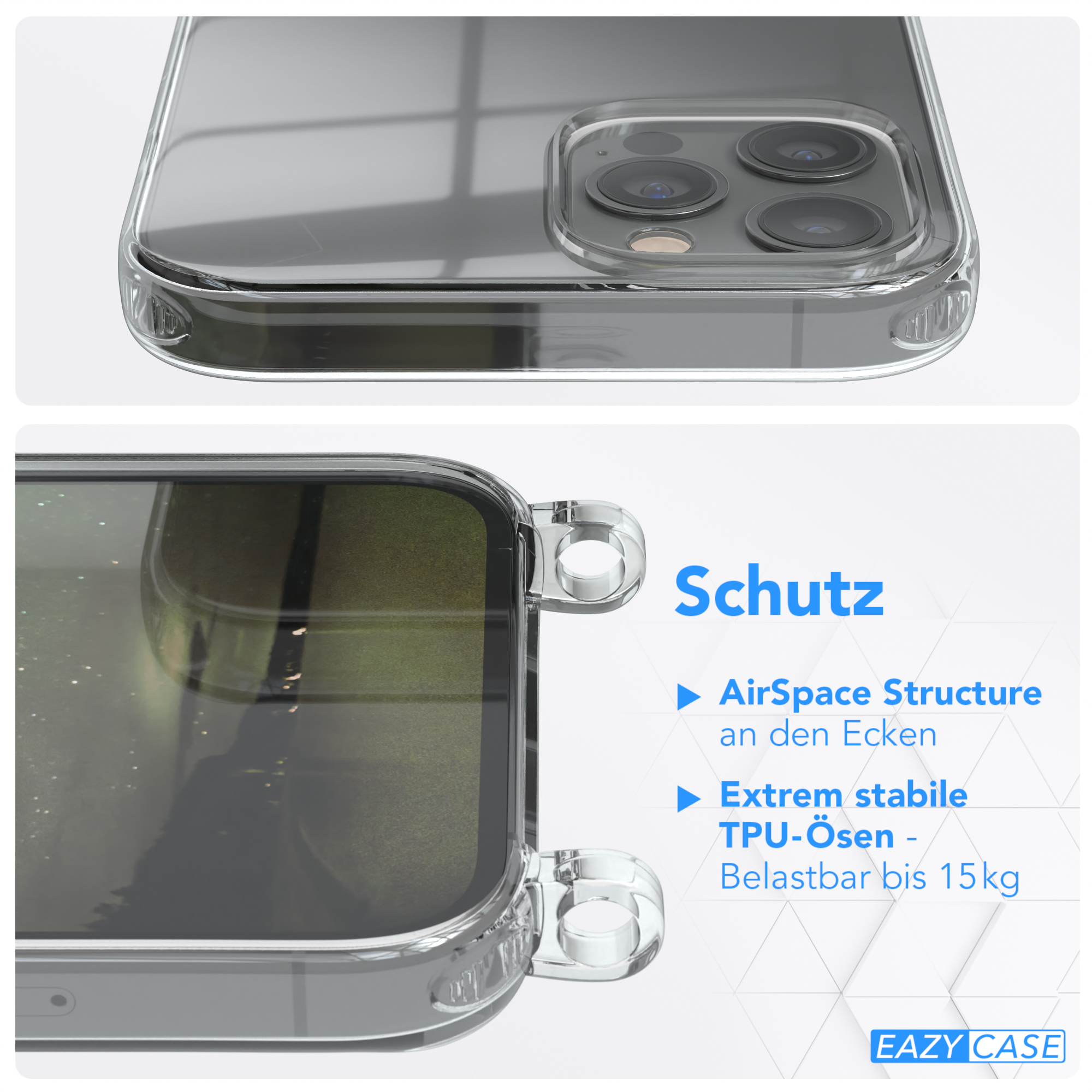 Nahaufnahme der Handyhülle, transparent, zeigt den Schutz des Telefons.
