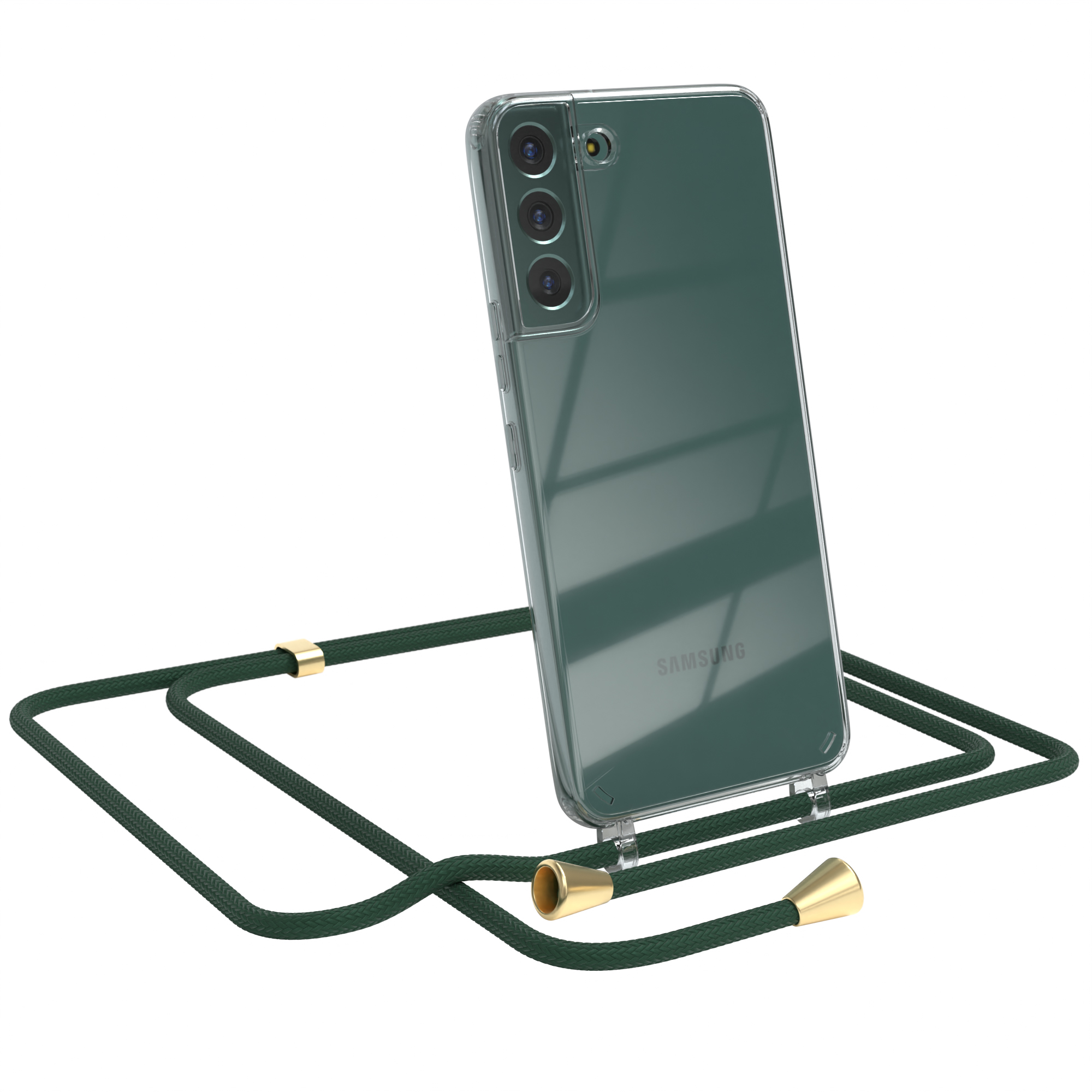 Transparente Handyhülle mit grünem Umhängeband. Ein Samsung-Handy ist darin. Weißer Hintergrund.