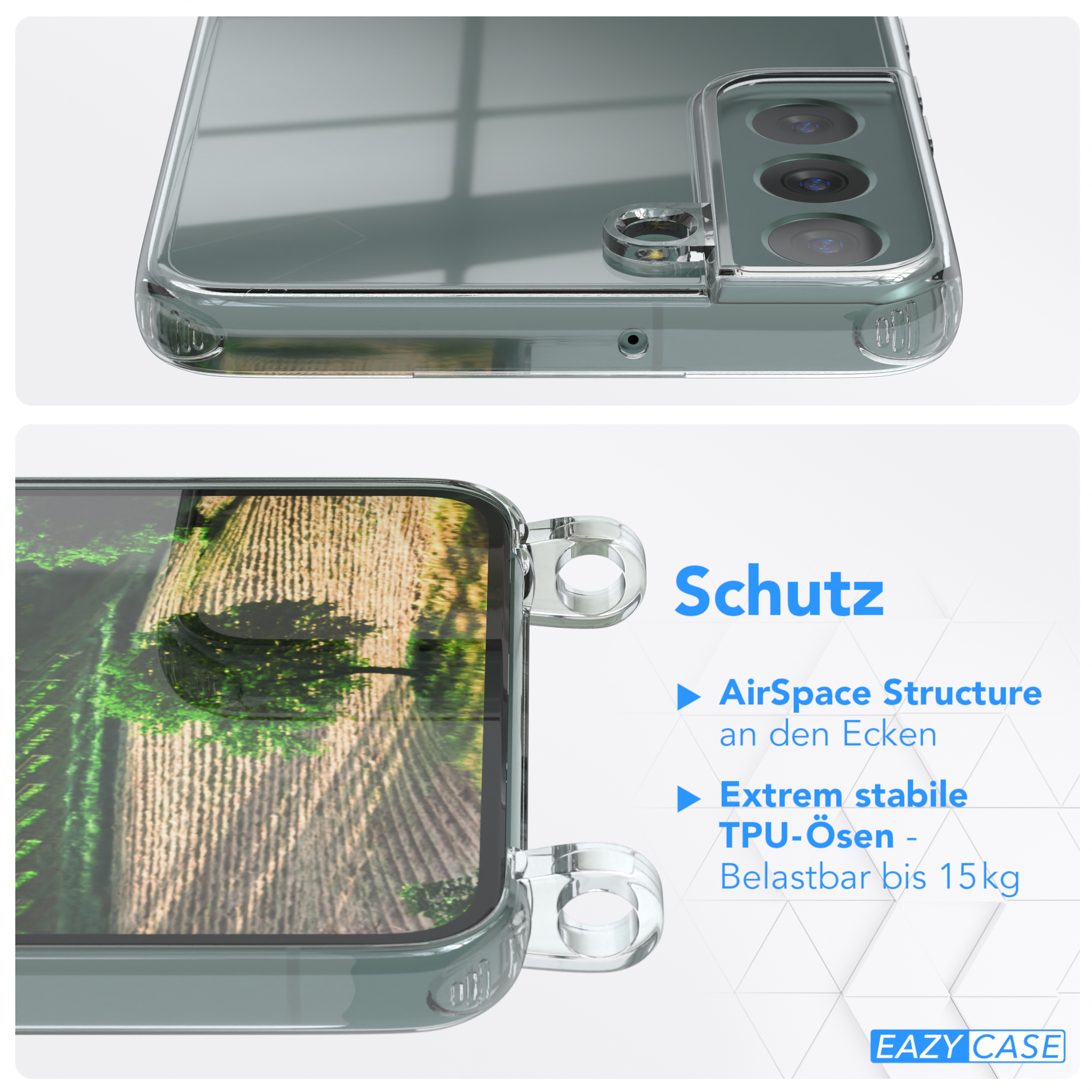 Klare Handyhülle, die ein Telefon schützt, mit grünem Hintergrund.