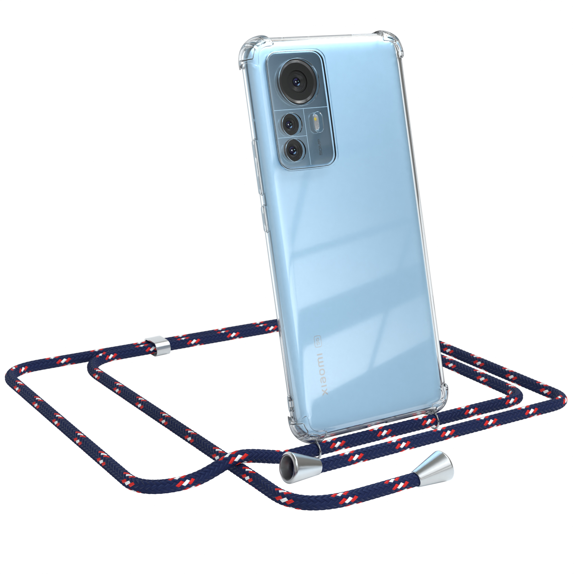 Transparente Handyhülle mit Kordel. Telefon mit mehreren Kameras sichtbar. Weißer Hintergrund.