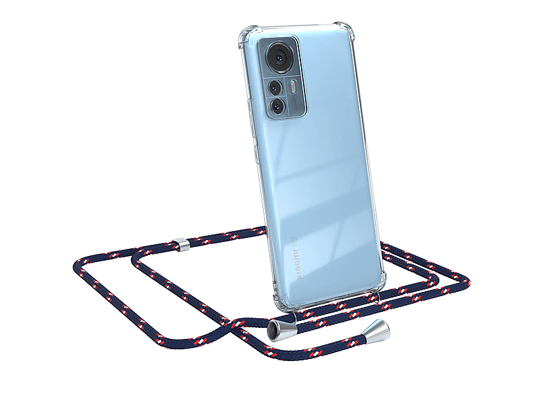 EAZY CASE Clear Cover mit Umhängeband, Umhängetasche, Xiaomi, 12 Pro, Blau Camouflage / Clips Silber
