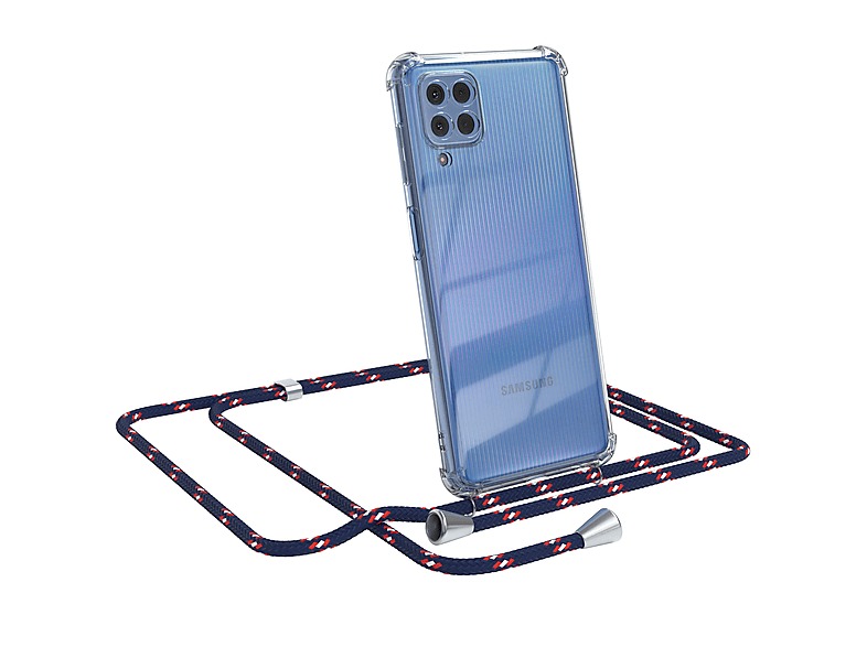 EAZY CASE Clear Cover mit Umhängeband, Umhängetasche, Samsung, Galaxy M22 / M32 / A22 4G, Blau Camouflage / Clips Silber